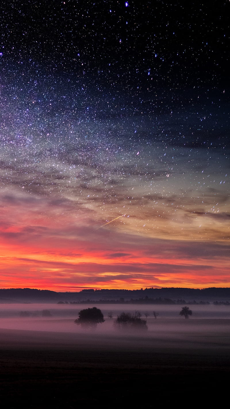 800x1422 Light and dark, sunset, stars, night, galaxy, , mountain, sky, space, HD phone wallpaper