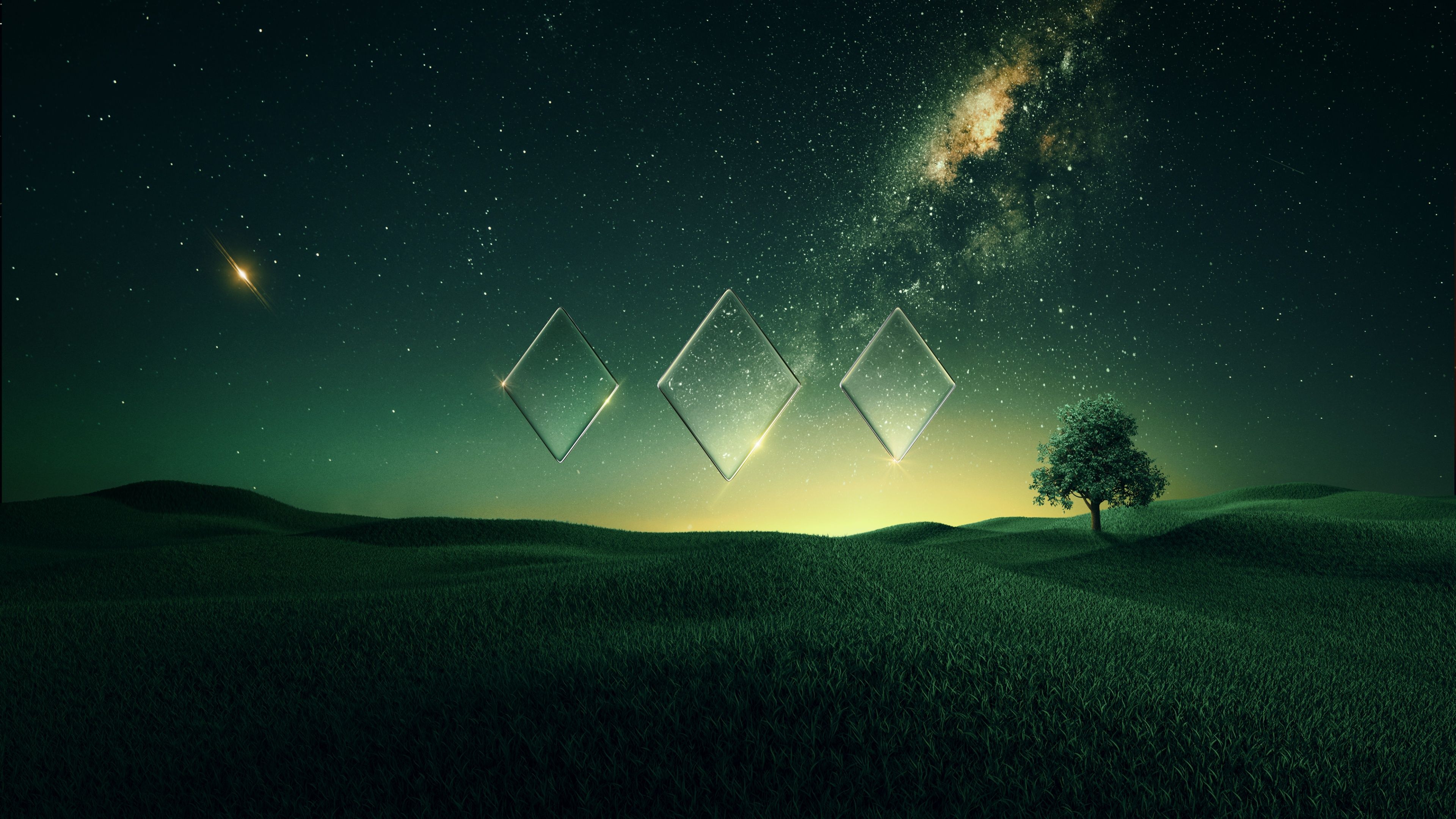 3840x2160 Starry sky Wallpaper 4K, Sunset, Nebula, Green, Landscape