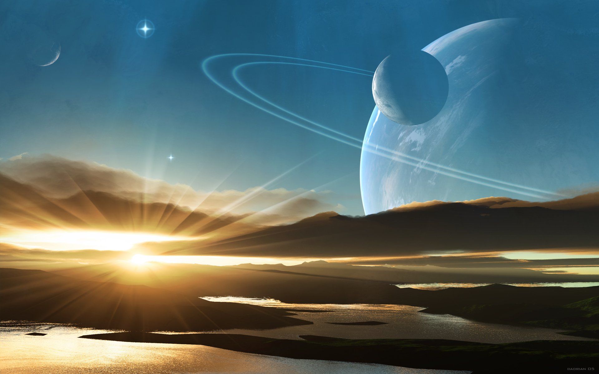 1920x1200 Celestial Sunrise Over A Ringed Sci Fi World