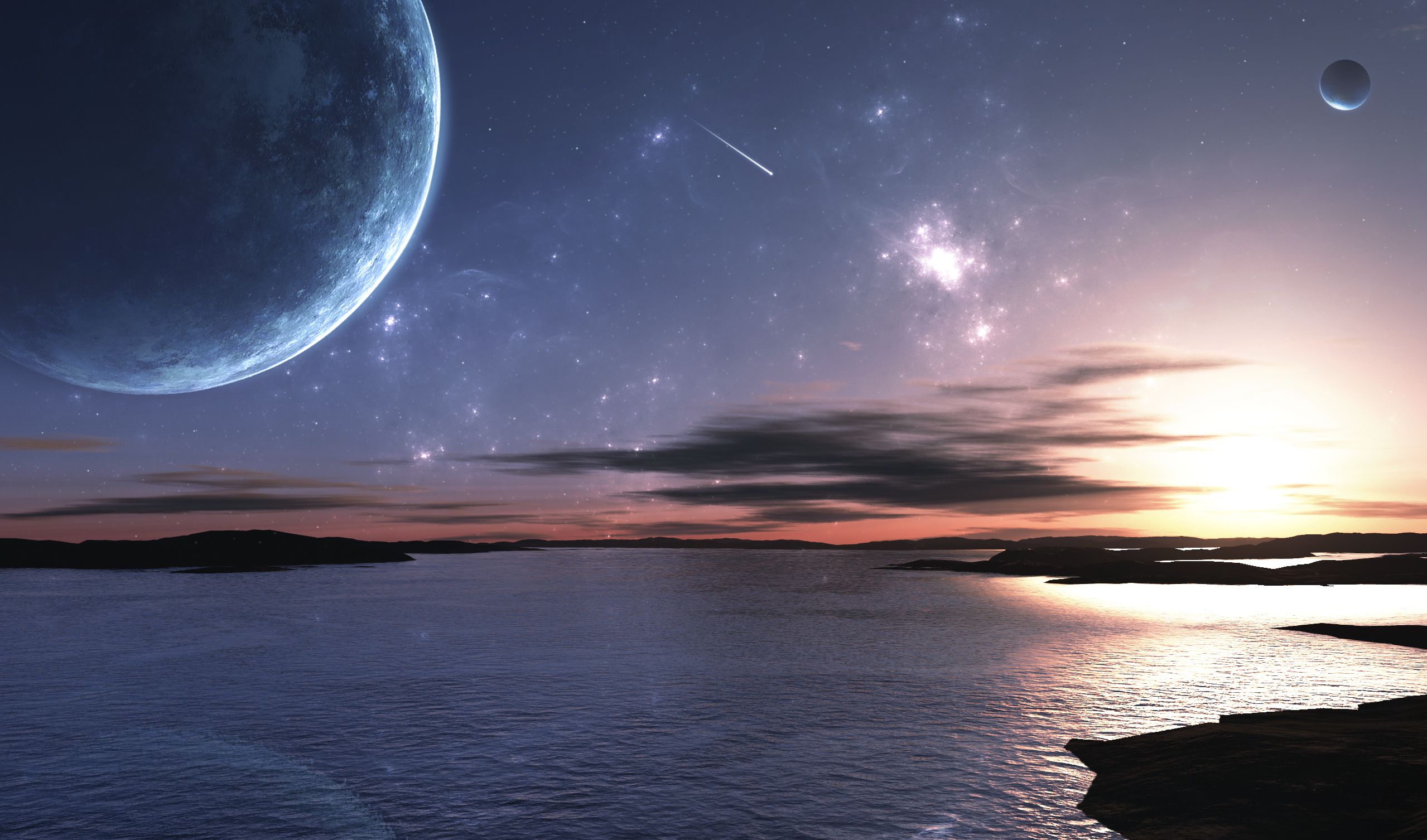 2558x1506 Phone wallpaper: Landscape, Sunset, Space, Ocean, Shooting Star, Sci Fi, Planet 172113