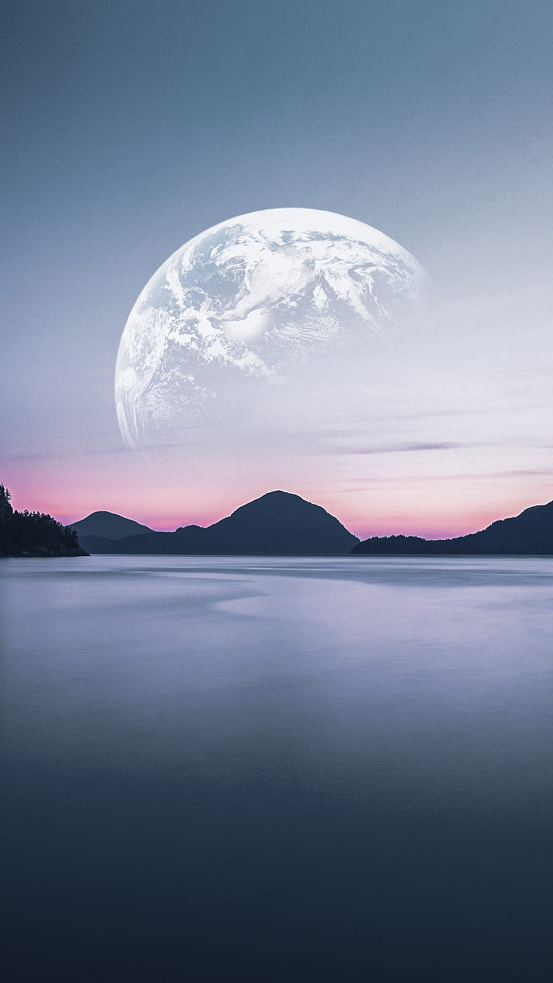 800x1422 Beautiful sunset, art, clouds, lake, moon, mountains, planet, planets, relax, HD phone wallpaper