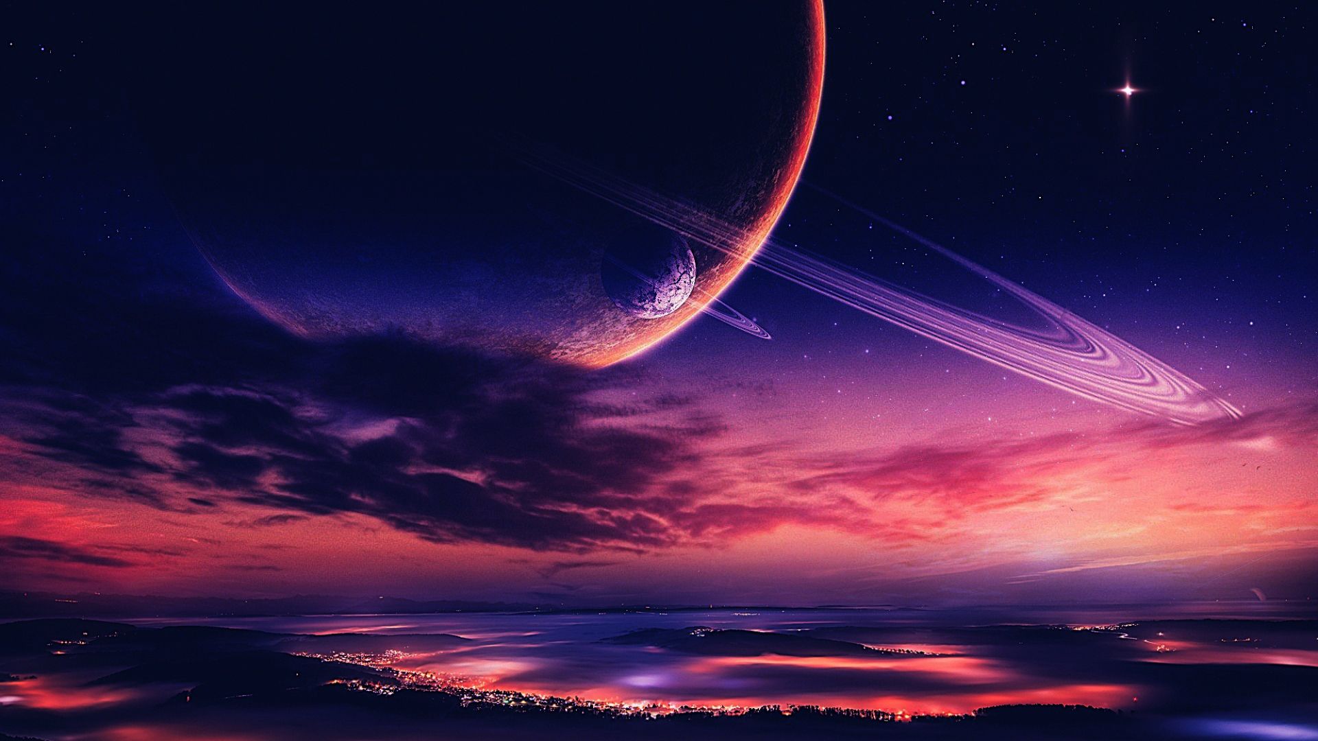 1920x1080 Desktop wallpaper: Purple, Sci Fi, Landscape, City, Cloud, Moon, Night, Planet, Sky, Space, Stars 4K free download for PC. 1004945