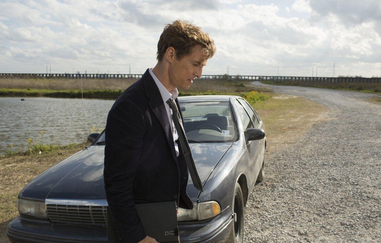 1332x850 Wallpaper road, machine, the sky, lake, costume, the series, Rast, true detective, Matthew McConaughey, true detective, rust cohle, matthew mcconaughey image for desktop, section фильмы