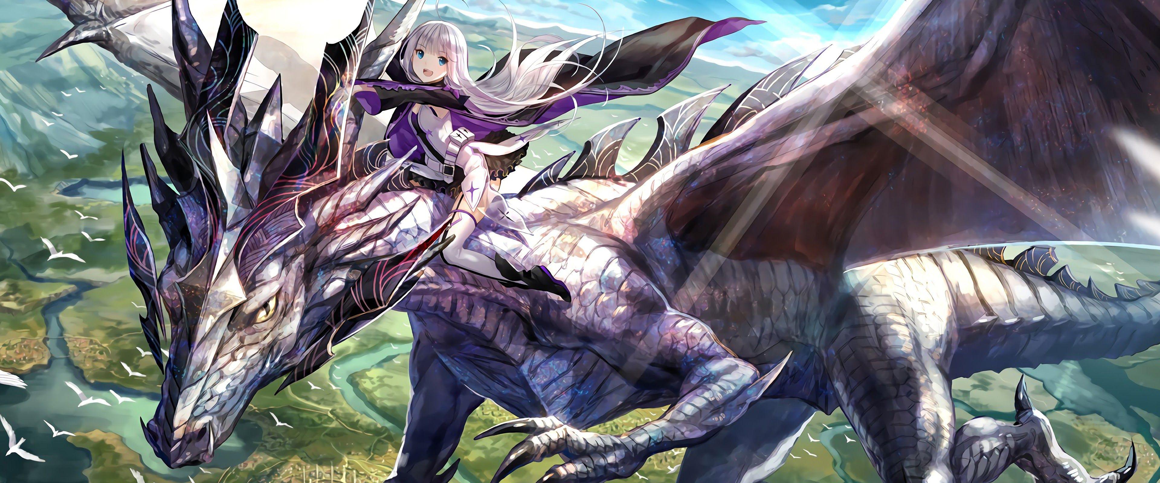 3840x1600 Fantasy Dragon Girl Riding Anime 4K Wallpaper