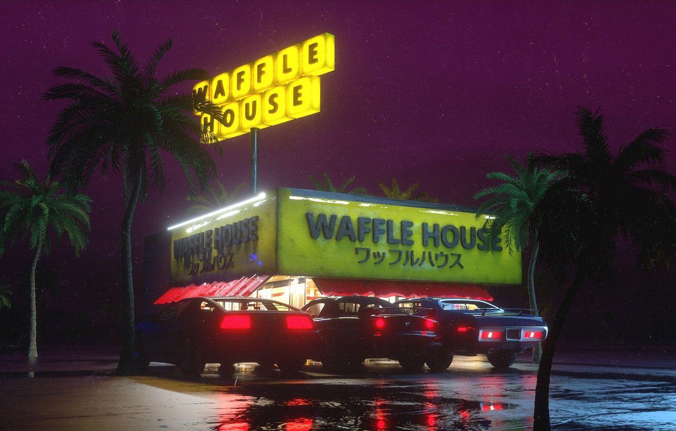 1332x850 Wallpaper Auto, Night, Cafe, Retro, Machine, Style, Palm trees, Machine, Mazda, DeLorean DMC- Art, Art, Style, DeLorean, DMC- Illustration image for desktop, section рендеринг