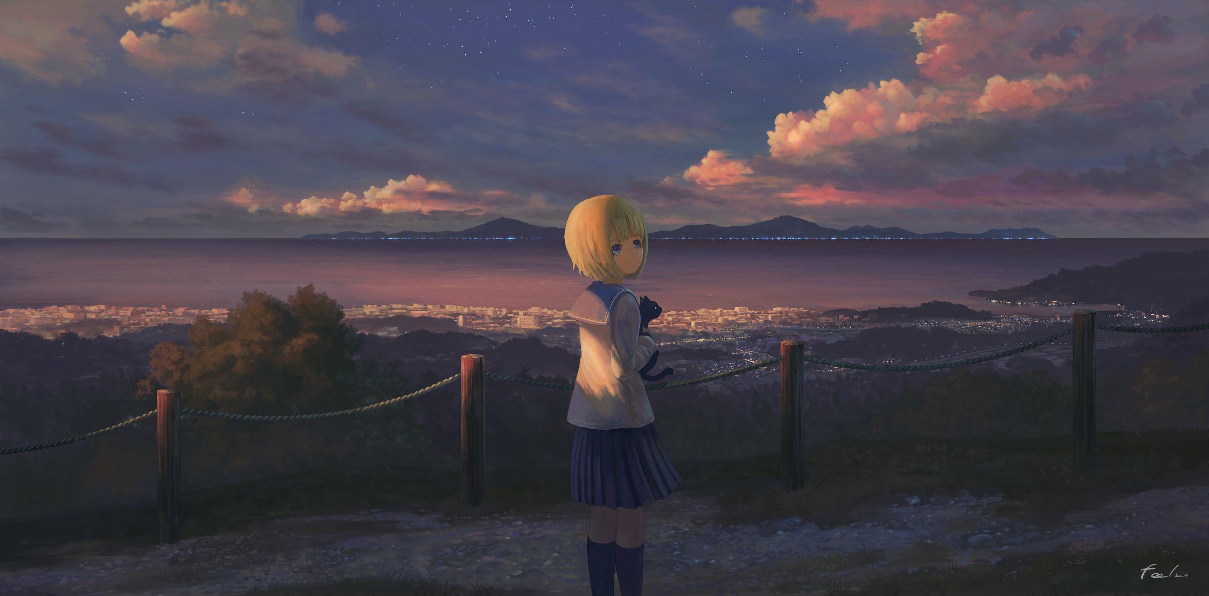2447x1207 Anime Girl Standing Alone
