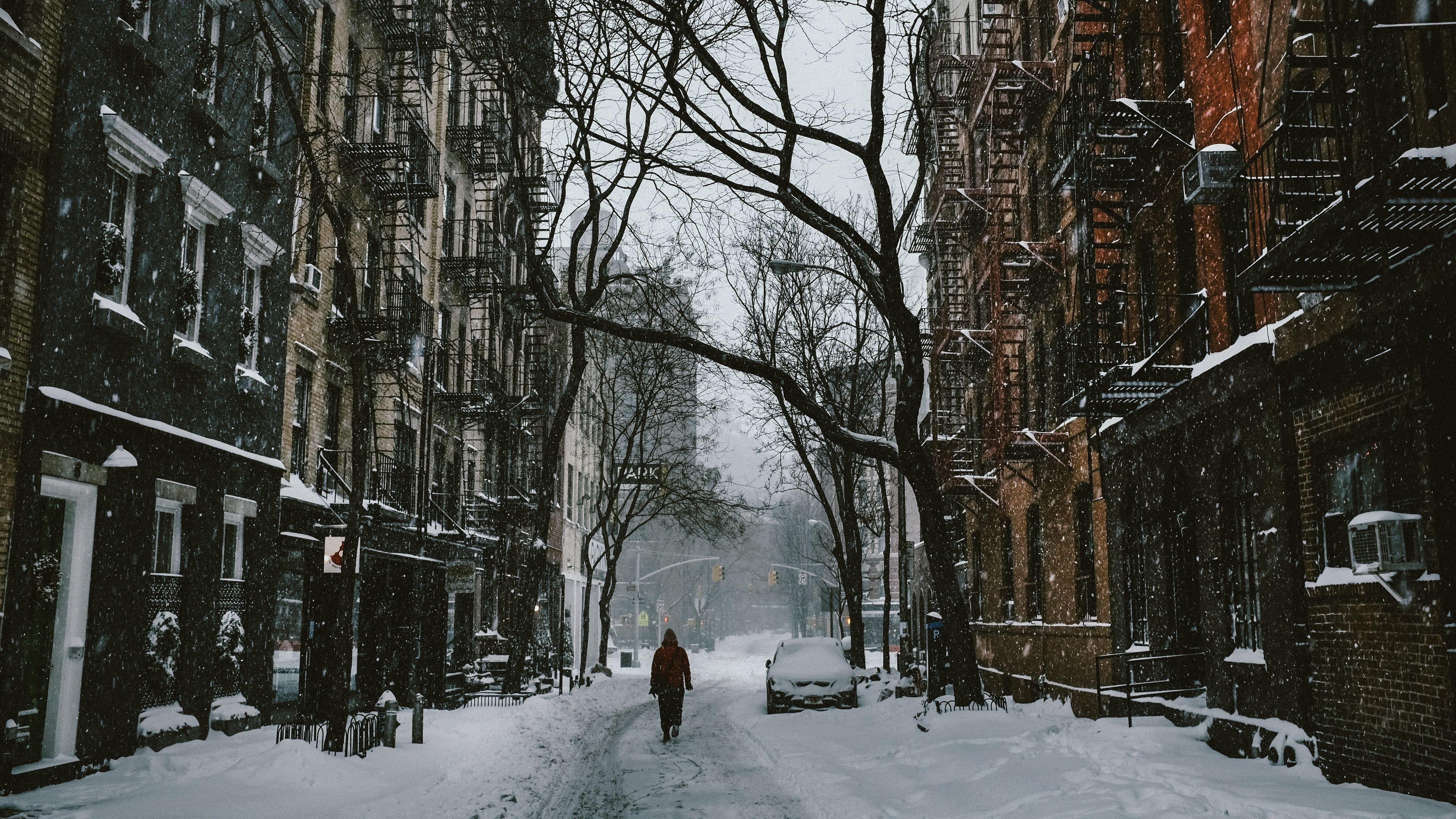 3840x2160 Wallpaper 4k city, house, winter, snow, street 4k City, House, Winter