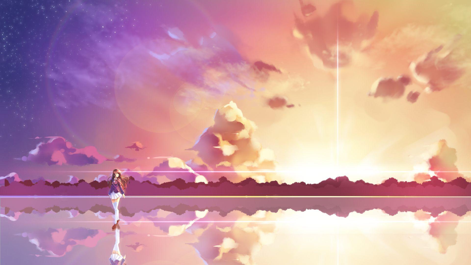 1920x1080 Lonely Anime Girl Sunset Sky Wallpaper