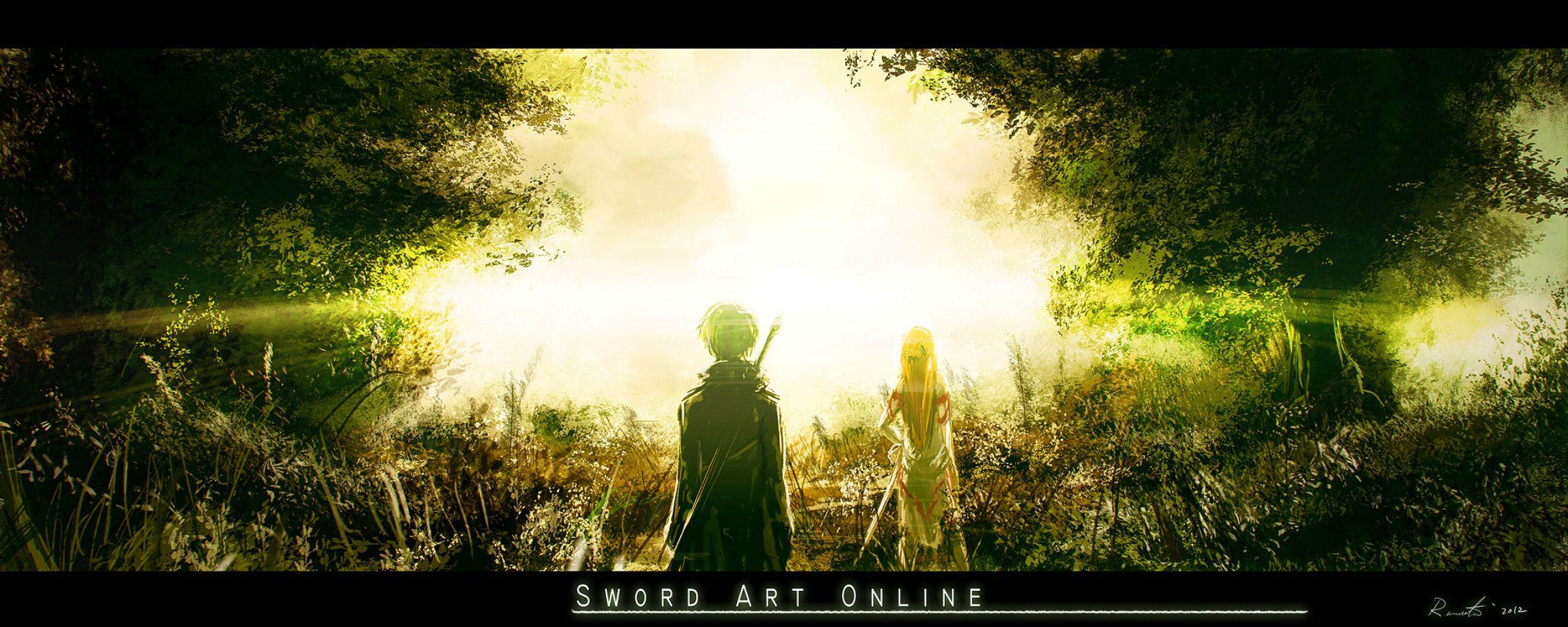 2300x920 Black hair kirigaya kazuto landscape renevatia scenic sword sword art online tree weapon yuuki asuna wallpaperx920