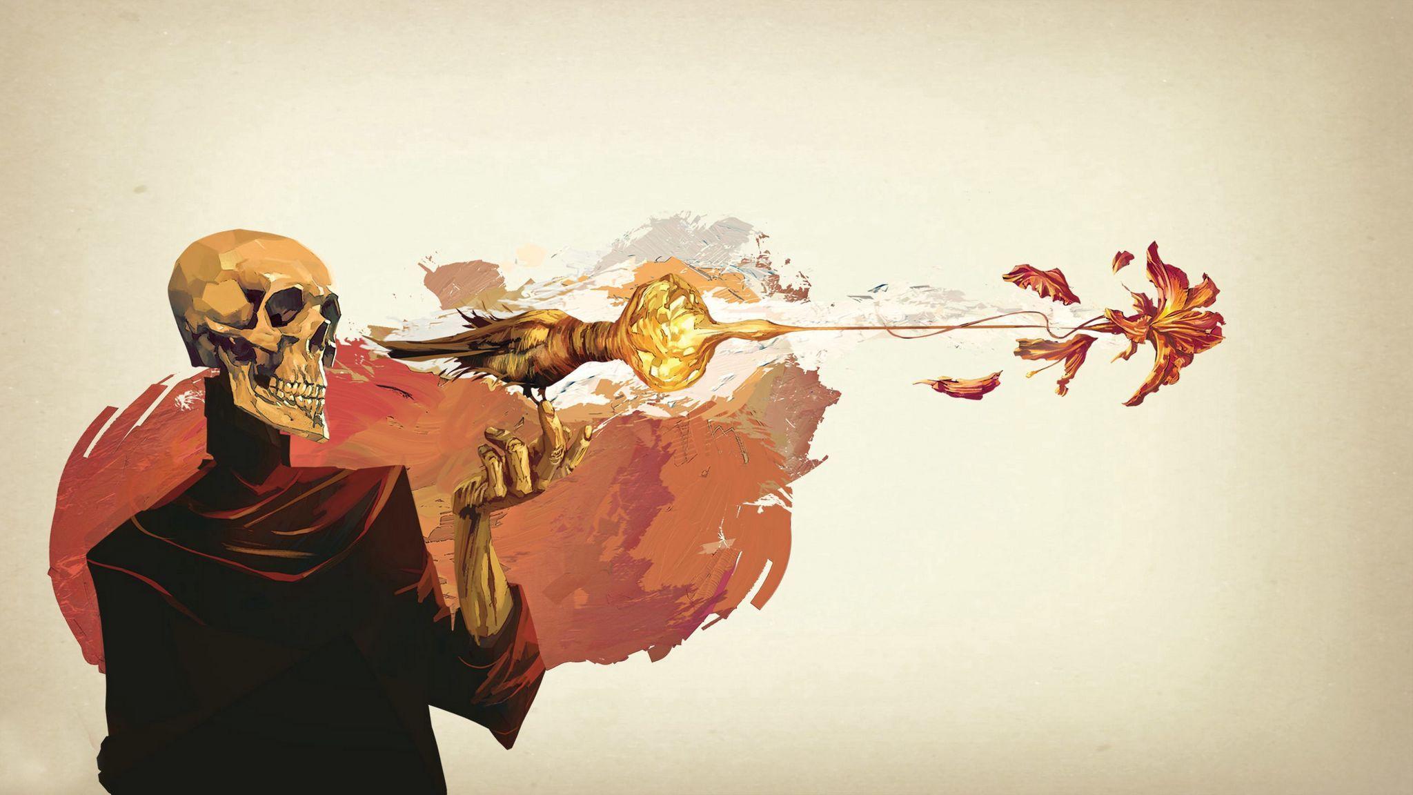 2048x1152 Download wallpaper 2048x1152 skull, skeleton, flower, fantasy, art ultrawide monitor HD background