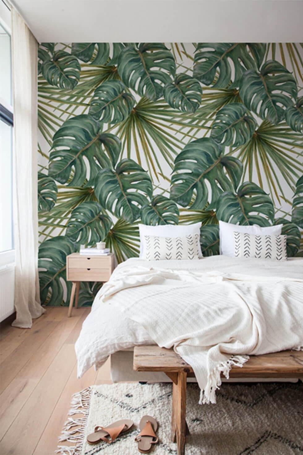 980x1472 Tropical Green Bedroom With Exotic Leaf Print Wallpaper Wallpaper Bedroom HD Wallpaper