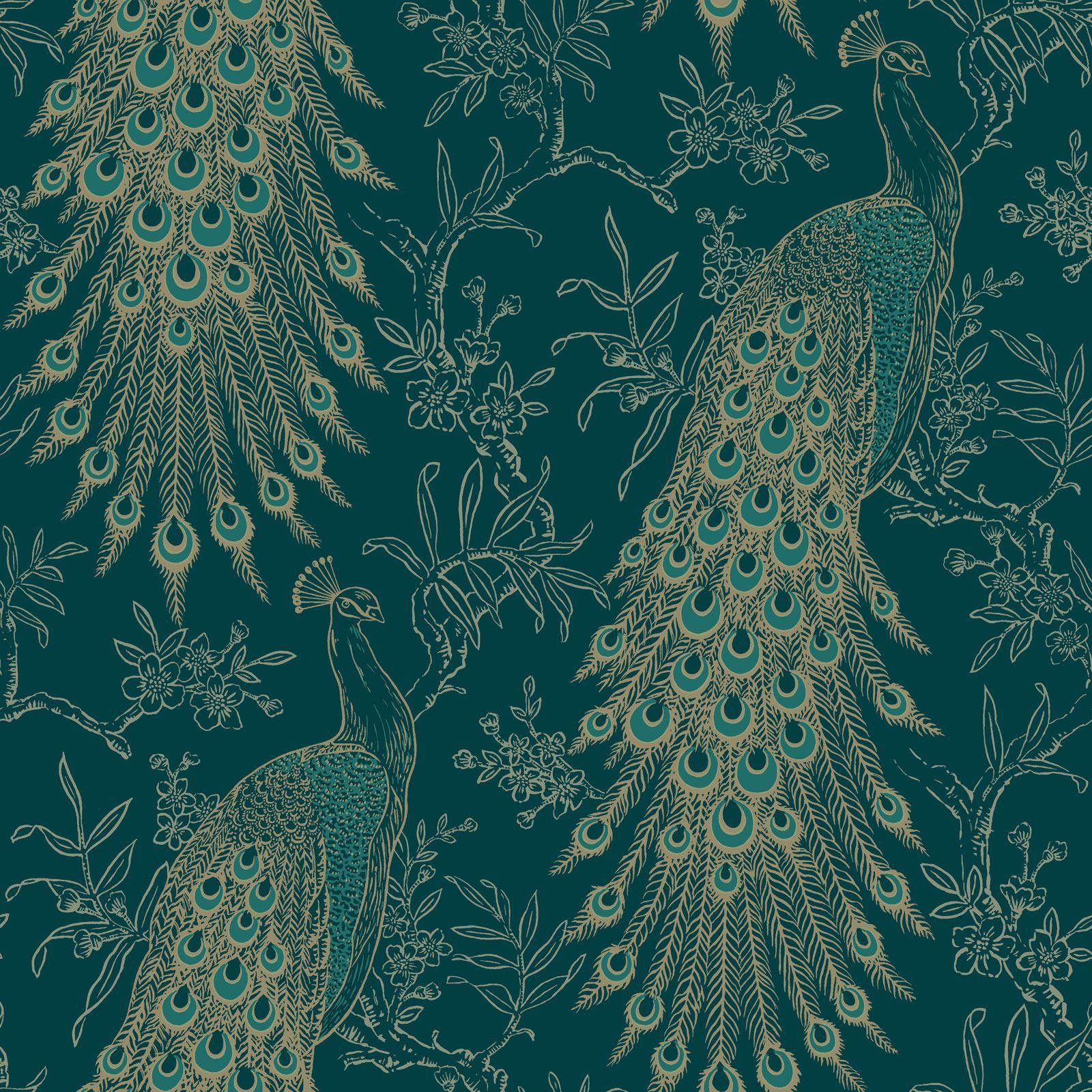 1600x1600 Pandore Peacock Wallpaper Exotic Metallic Green Teal / Gold Rasch 405804 4000441405804