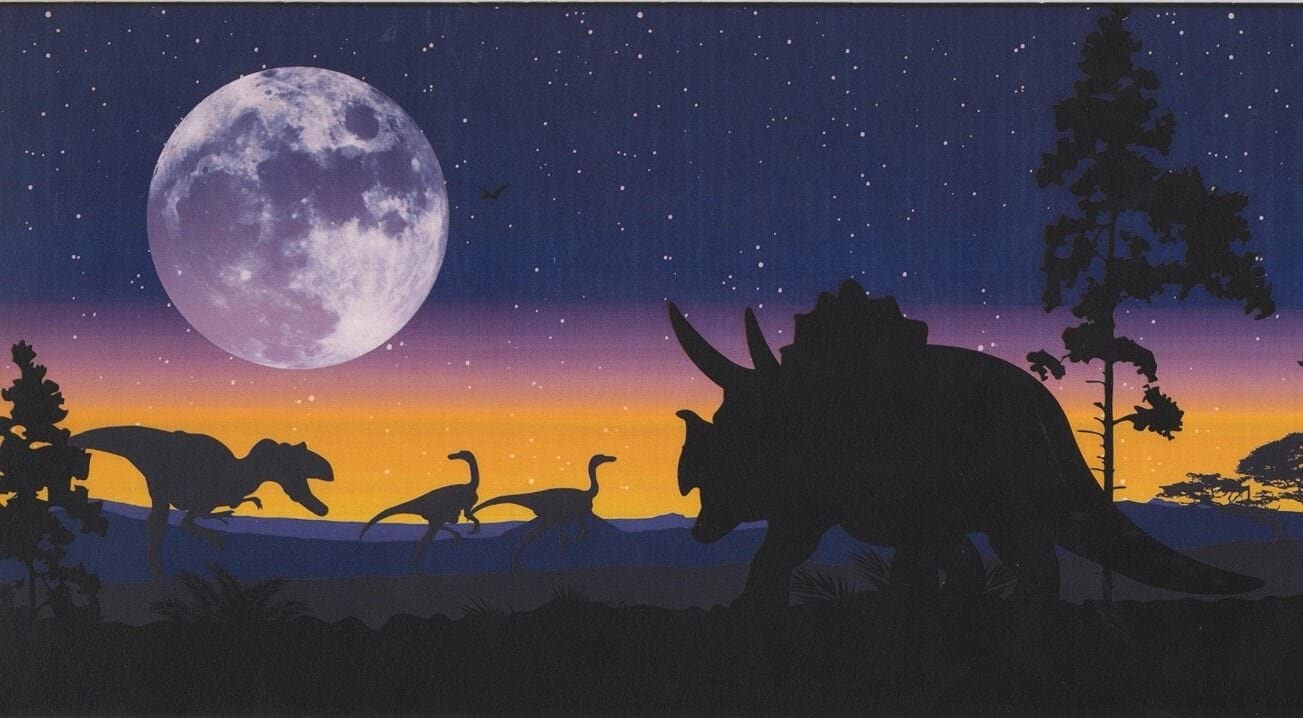 1303x718 Prehistory Night Dinosaurs Pterodactyls Wallpaper Border Retro Design, Roll 15' x 6