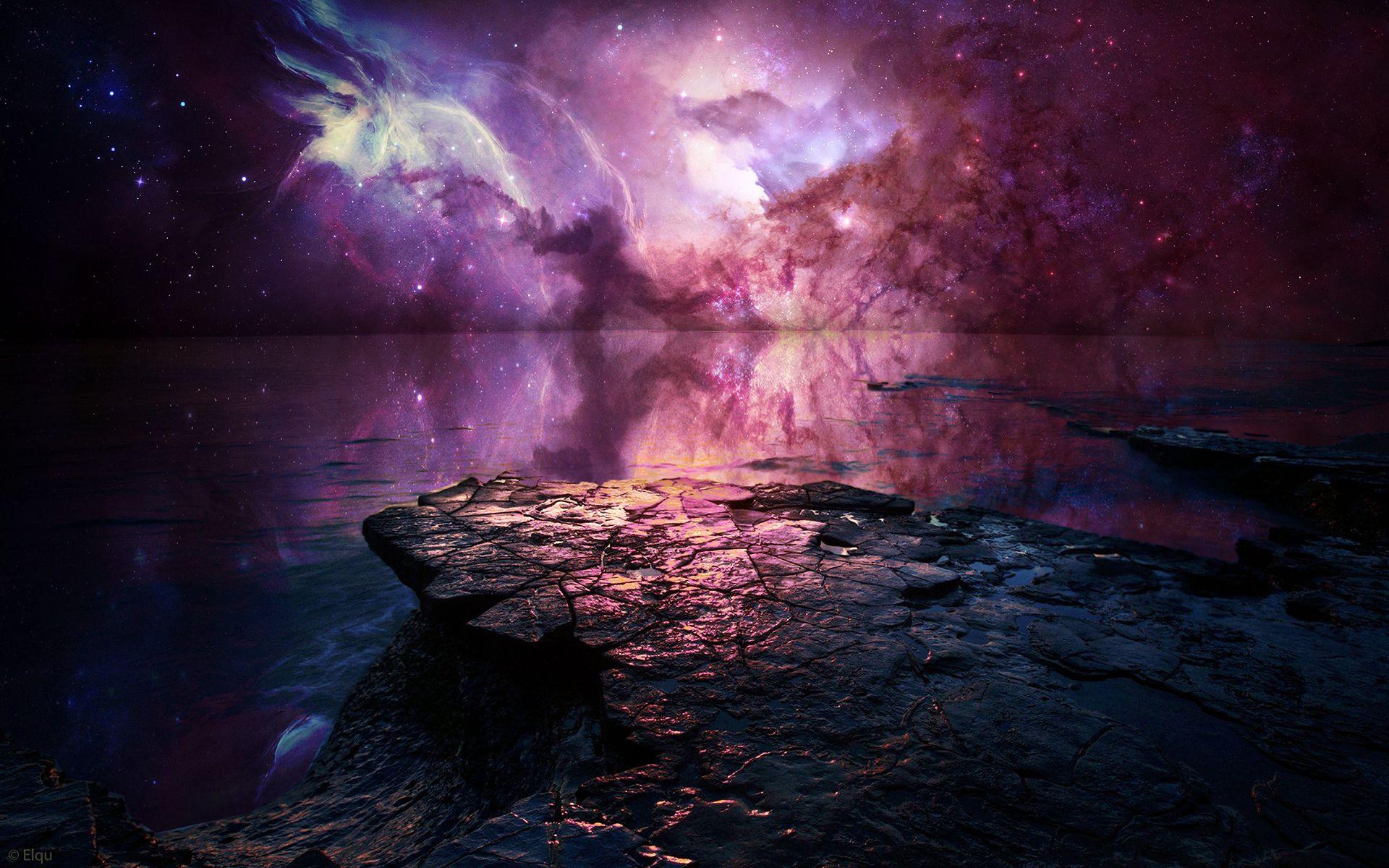 1920x1200 nebula, Stars, Rock, Stone, Ocean, Reflection, Sky, Beaches Wallpaper HD / Desktop and Mobile Background