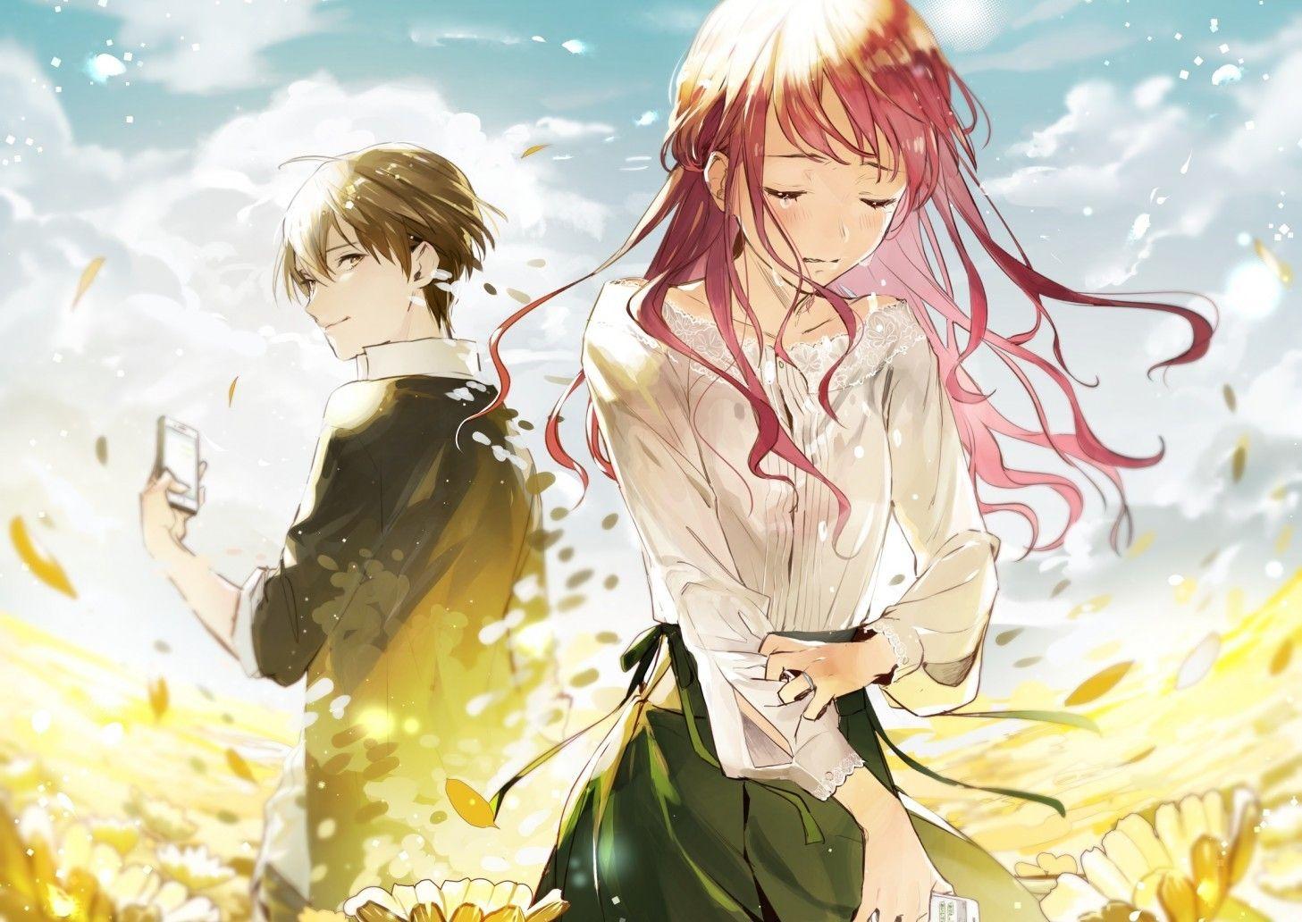 1457x1032 Download 1457x1032 Anime Girl, Crying, Tears, Pink Hair, Anime Boy, Smartphone, Clouds Wallpaper
