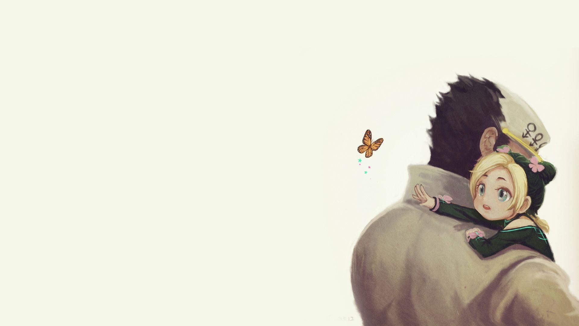 1920x1080 Jojo Jotaro Kujo And Baby Jolyne Cujoh Seeing A Butterfly Flying With White Background HD Anime Wallpaper