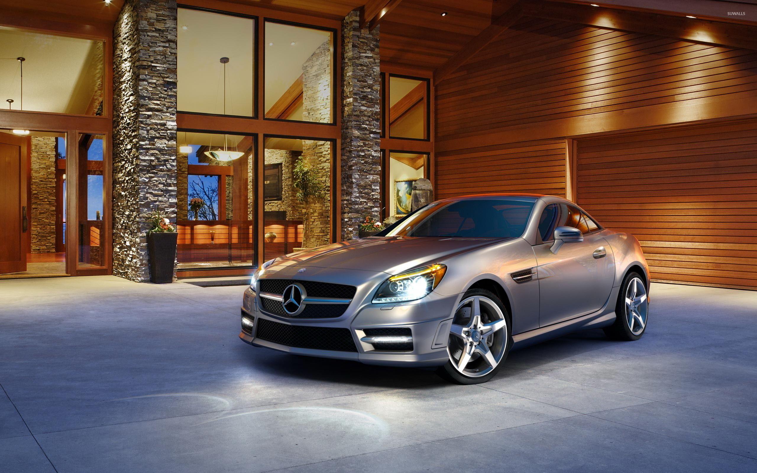 2560x1600 Parked Silver Mercedes Benz SLK 200 Front Side View Wallpaper Wallpaper