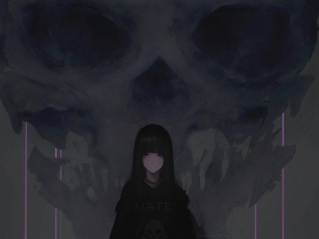 1024x768 Desktop wallpaper anime girl, purple eyes, dark, skull, HD image