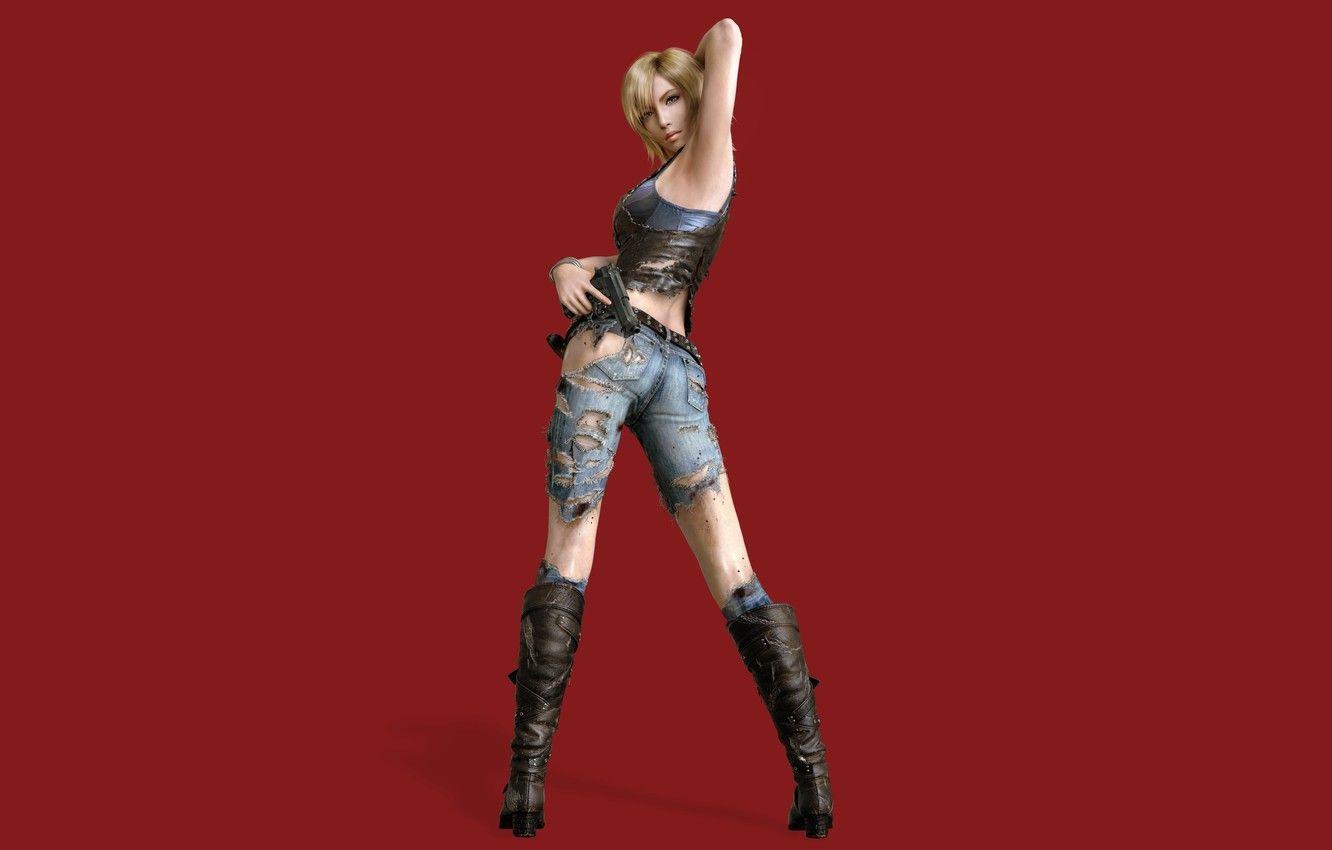 1332x850 Wallpaper look, girl, pose, the game, boots, red background, Parasite Eve, Aya Brea, The 3rd birthday, jeans. weapons image for desktop, section игры