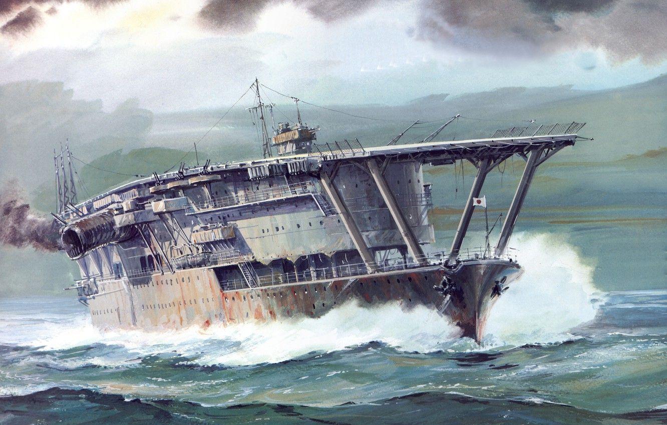 1332x850 Wallpaper sea, wave, figure, art, the carrier, WW The Navy of Japan, IJF, Akagi, Akagi image for desktop, section оружие