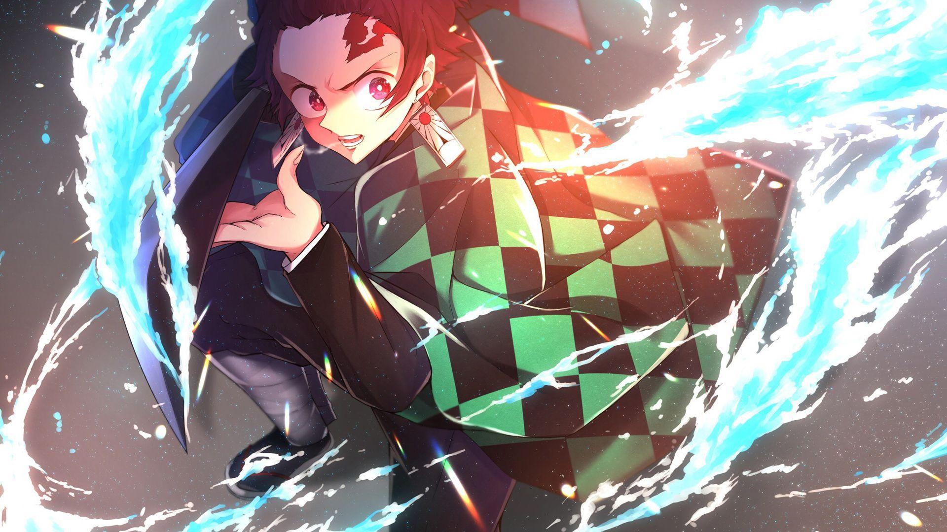 1920x1080 Demon Slayer Tanjiro Kamado With Black Background And Blue Flame Fire HD Anime Wallpaper