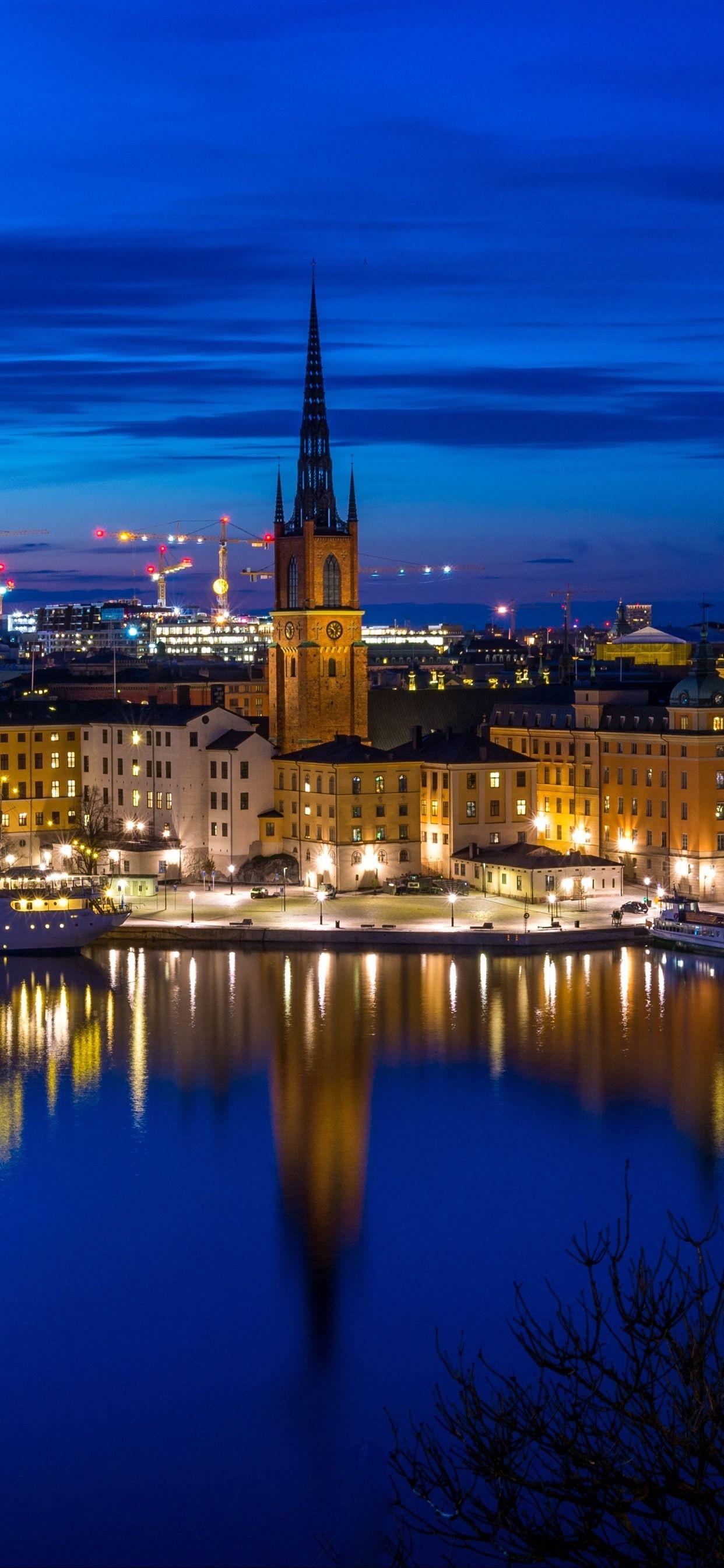 1242x2688 Wallpaper Stockholm, Sweden, city, night, river, ship, lights 5120x2880 UHD 5K Picture, Image