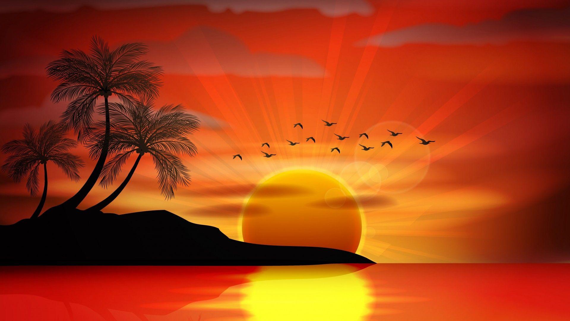 1920x1080 Sunset Sea Paradise Tropical Island Palms Silhouette Birds Sea Sunset Wallpaper HD :