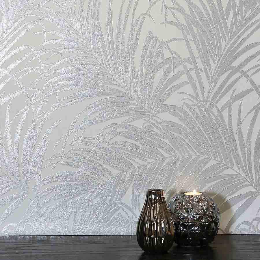 900x900 Arthouse Kiss Palm Leaf Grey Silver Metallic Foil Wallpaper