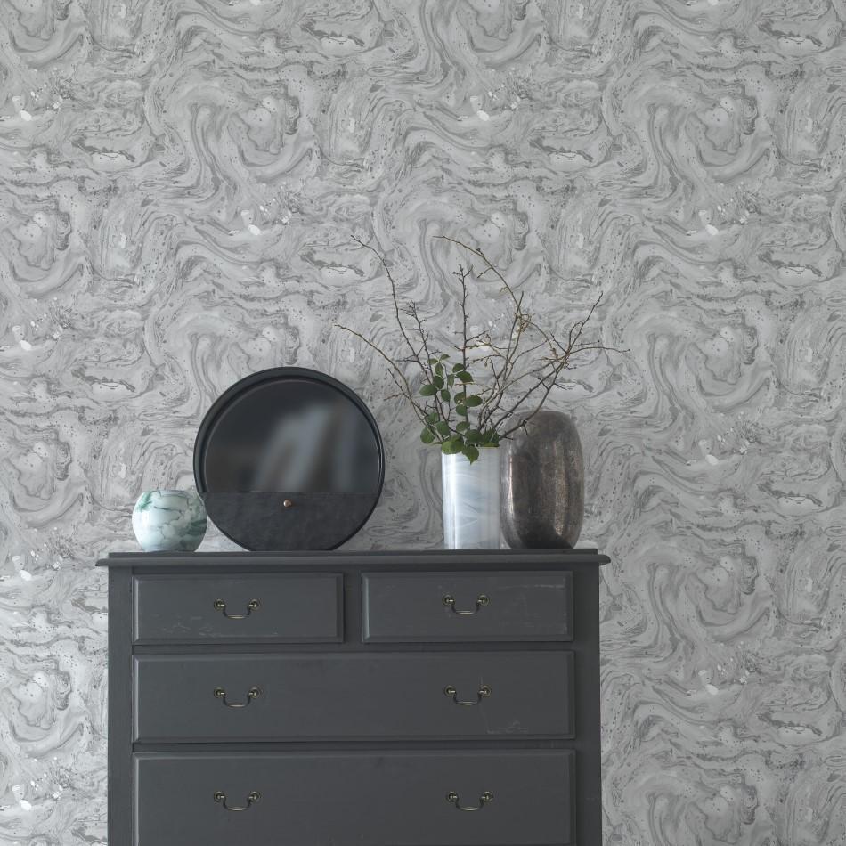 950x950 Azurite Grey and Silver Foil Marble Wallpaper