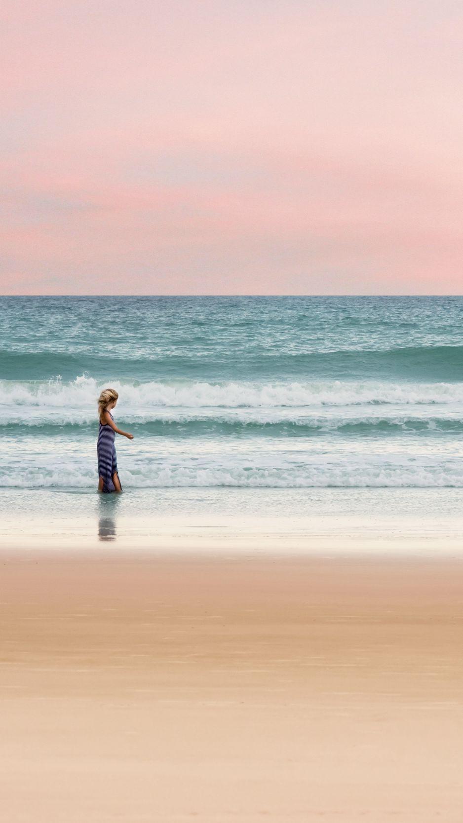 938x1668 Download Wallpaper 938x1668 Ocean, Child, Shore, Surf, Walk, Horizon, Pastel Iphone 8 7 6s 6 For Parallax HD Background