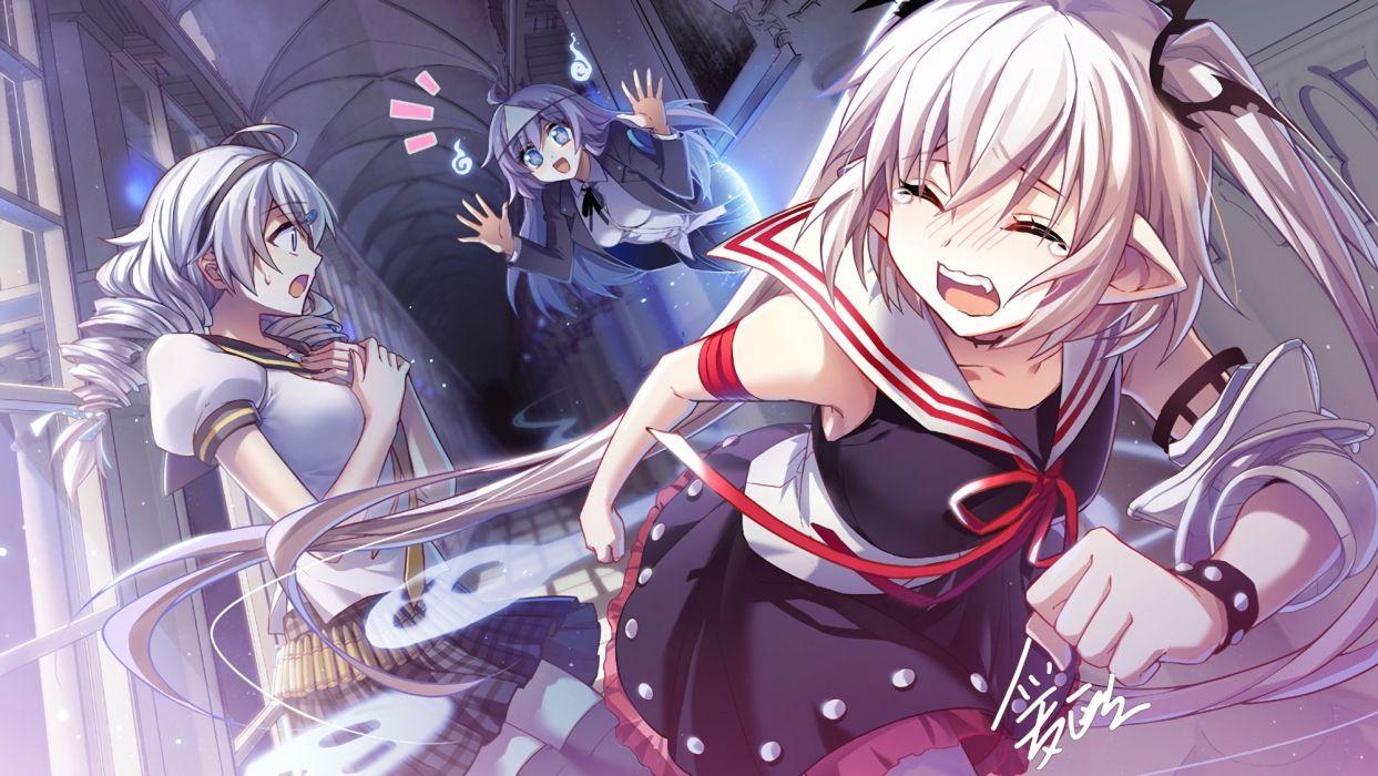 1243x700 aqua eyes bloodline blush gray hair headband iotower kiana kaslana long hair pointed ears seifuku skirt tears thighhighs tie twintails waifu2x wallpaperx1126