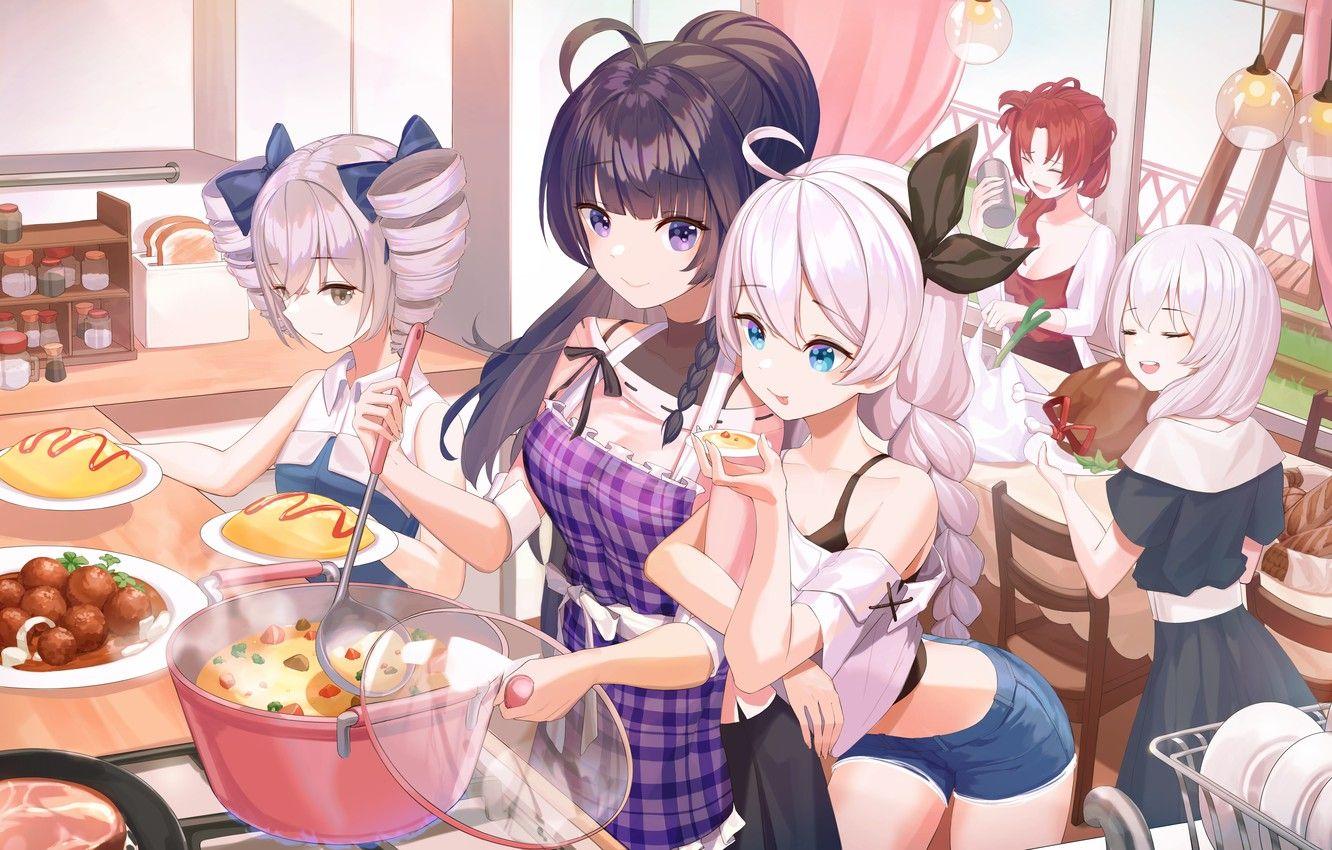 1332x850 Wallpaper girls, food, kitchen, Honkai Impact 3rd, Kiana Kaslana, Bronya Zaychik, Raiden Mei, Theresa Apocalypse, Murata Himeko image for desktop, section сёнэн