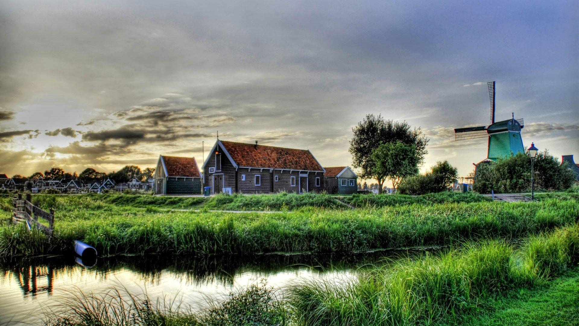 1920x1080 Download Wallpaper 1920x1080 village, mill, house, grass, lake, hdr Full HD 1080p HD Background