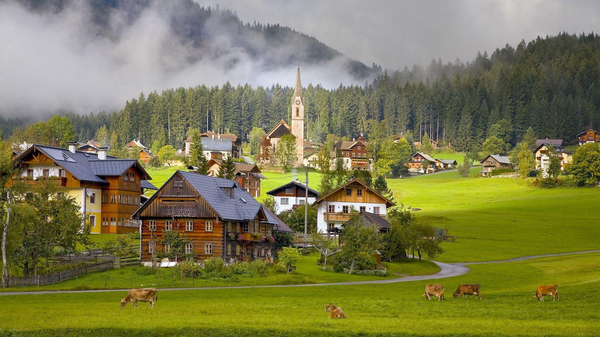 1920x1080 Austria austria Gosau village village cow house