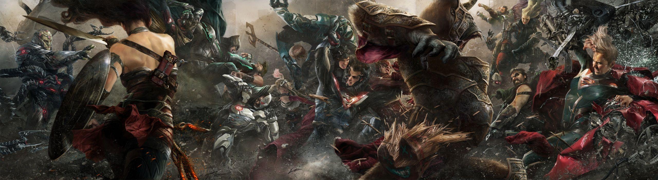 2560x703 Wallpaper Injustice 2 Shield Swords Batman hero Superman 2560x703