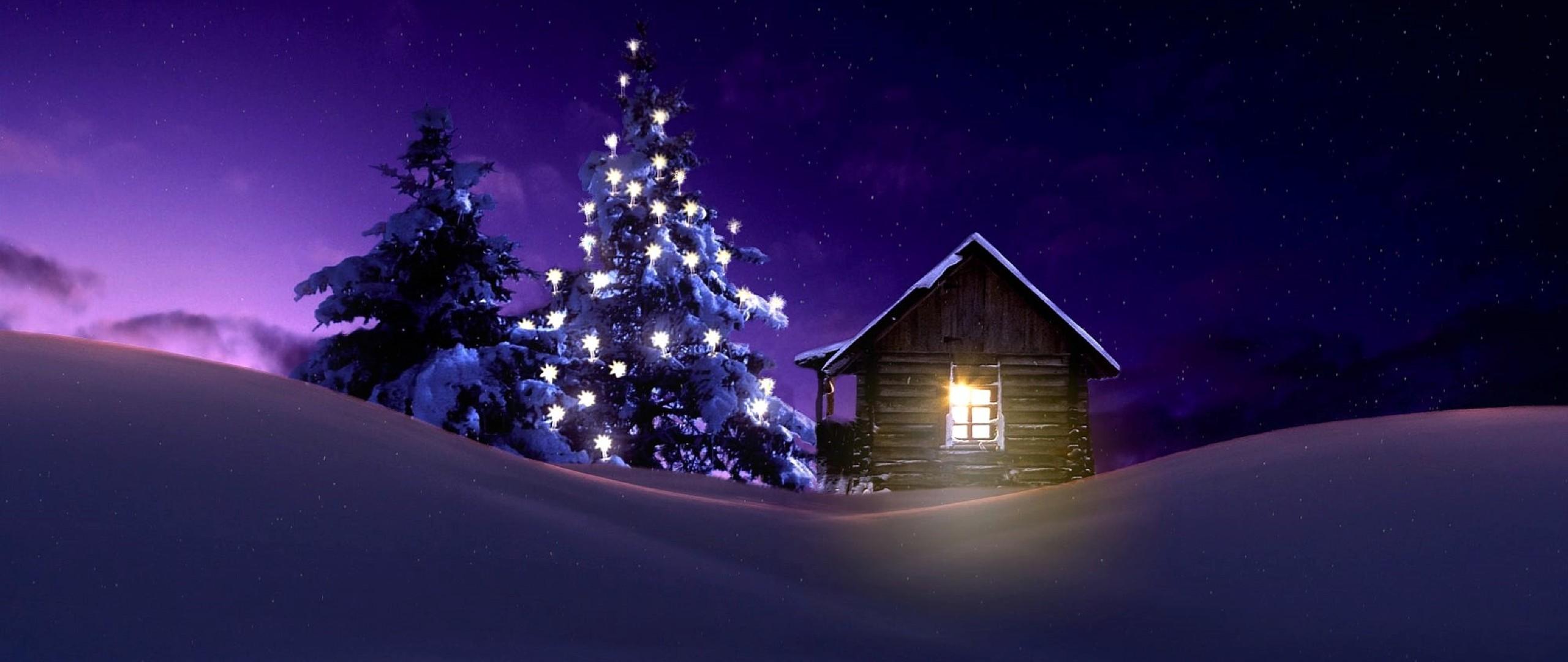 2560x1080 Christmas Lighted Tree Outside Winter Cabin 2560x1080 Resolution Wallpaper, HD Holidays 4K Wallpaper, Image, Photo and Background