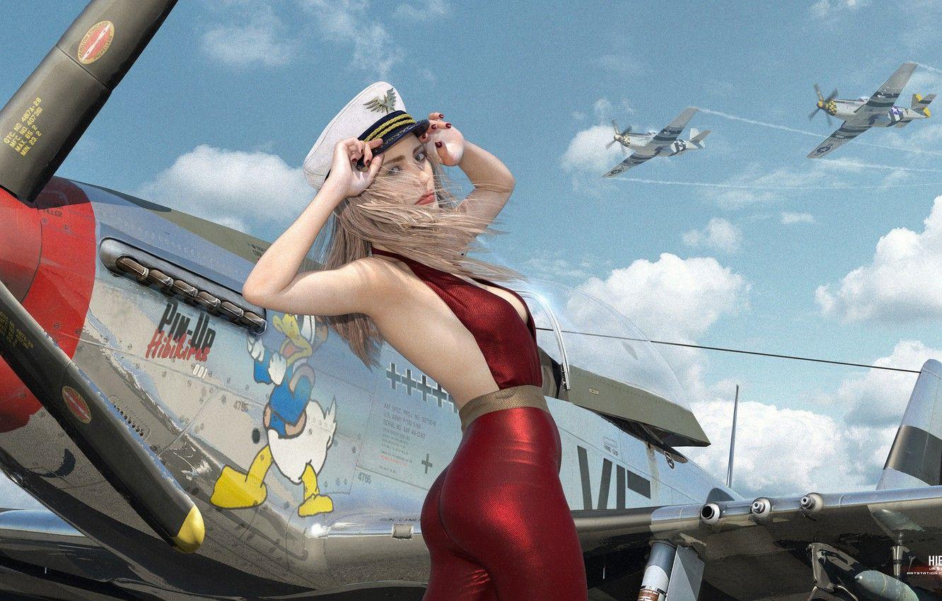 1332x850 Wallpaper mustang, girl, pinup, aircraft, art, model, hibikirus, p daz3D image for desktop, section девушки