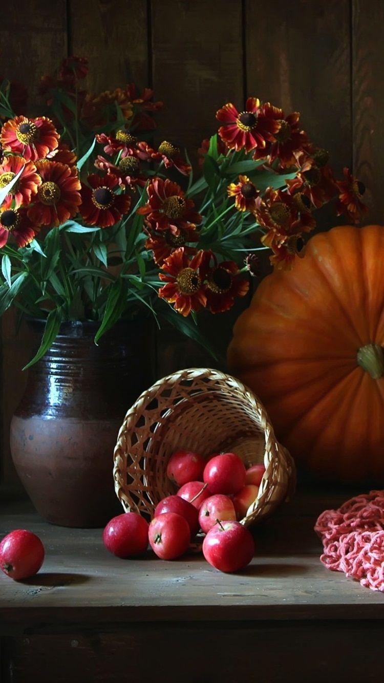 750x1334 Still Life, Flowers, Pumpkin, Apples, Onion, Berries, Basket 750x1334 IPhone 8 7 6 6S Wallpaper, Background, Picture, Image