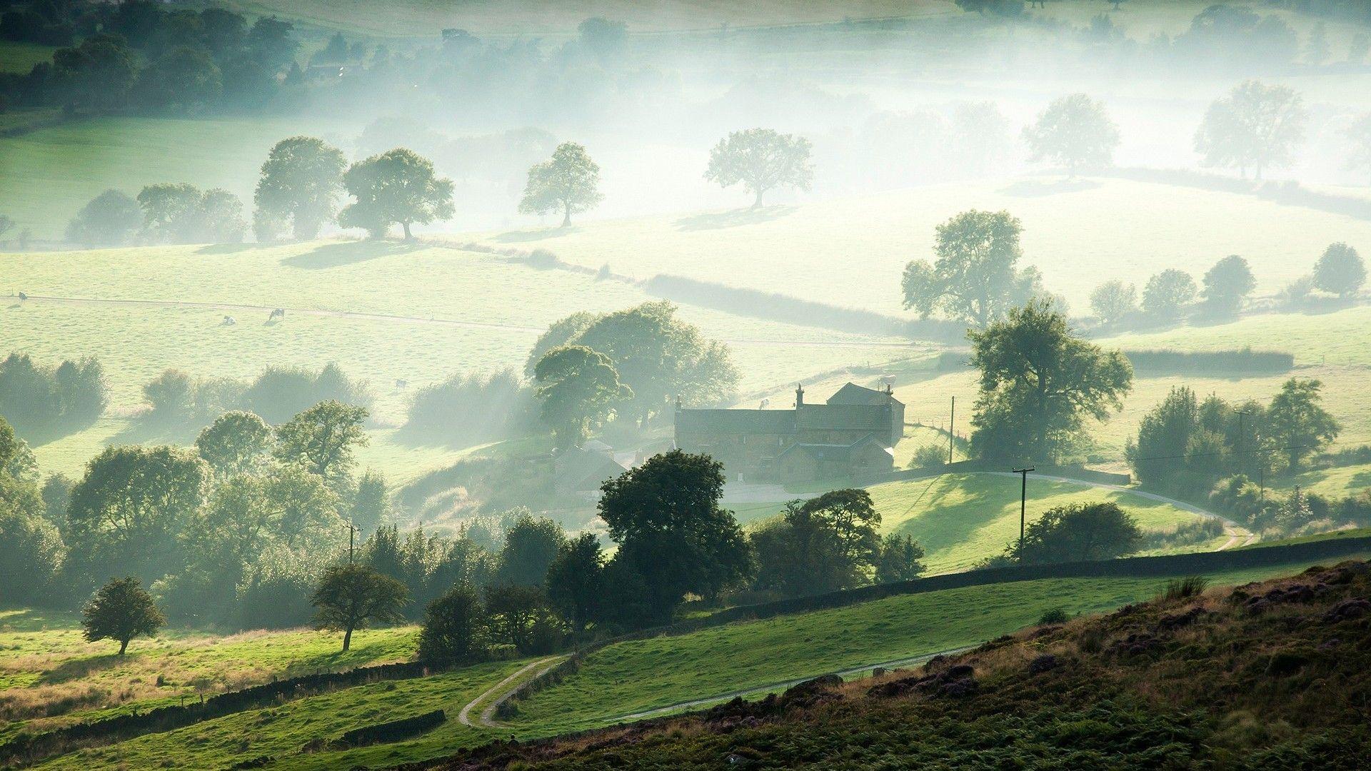 1920x1080 Farms: Morning Fog Lovely Farm Landscapes Nature Trees Valley