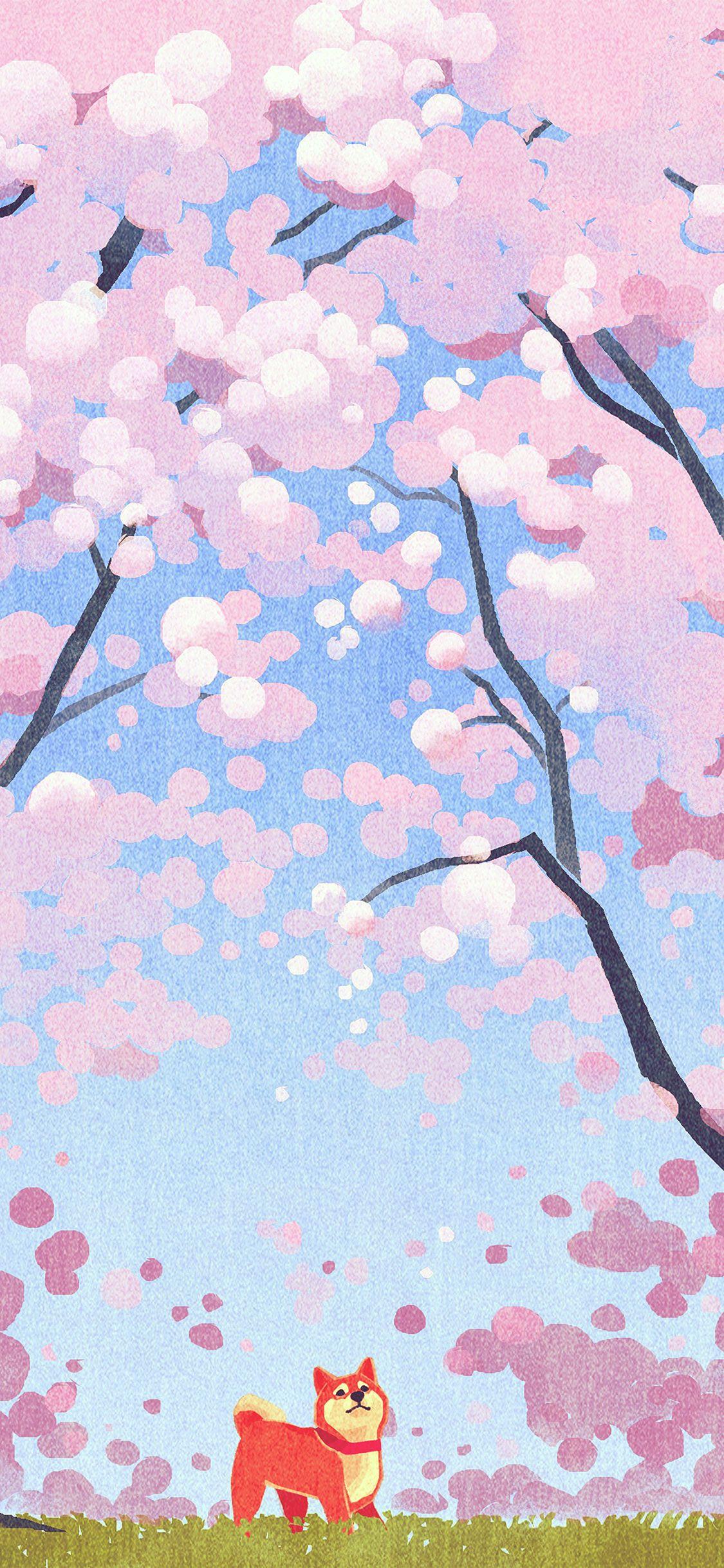 1125x2436 Cute Siba Dog Animal Spring Illustration Art Pink Wallpaper