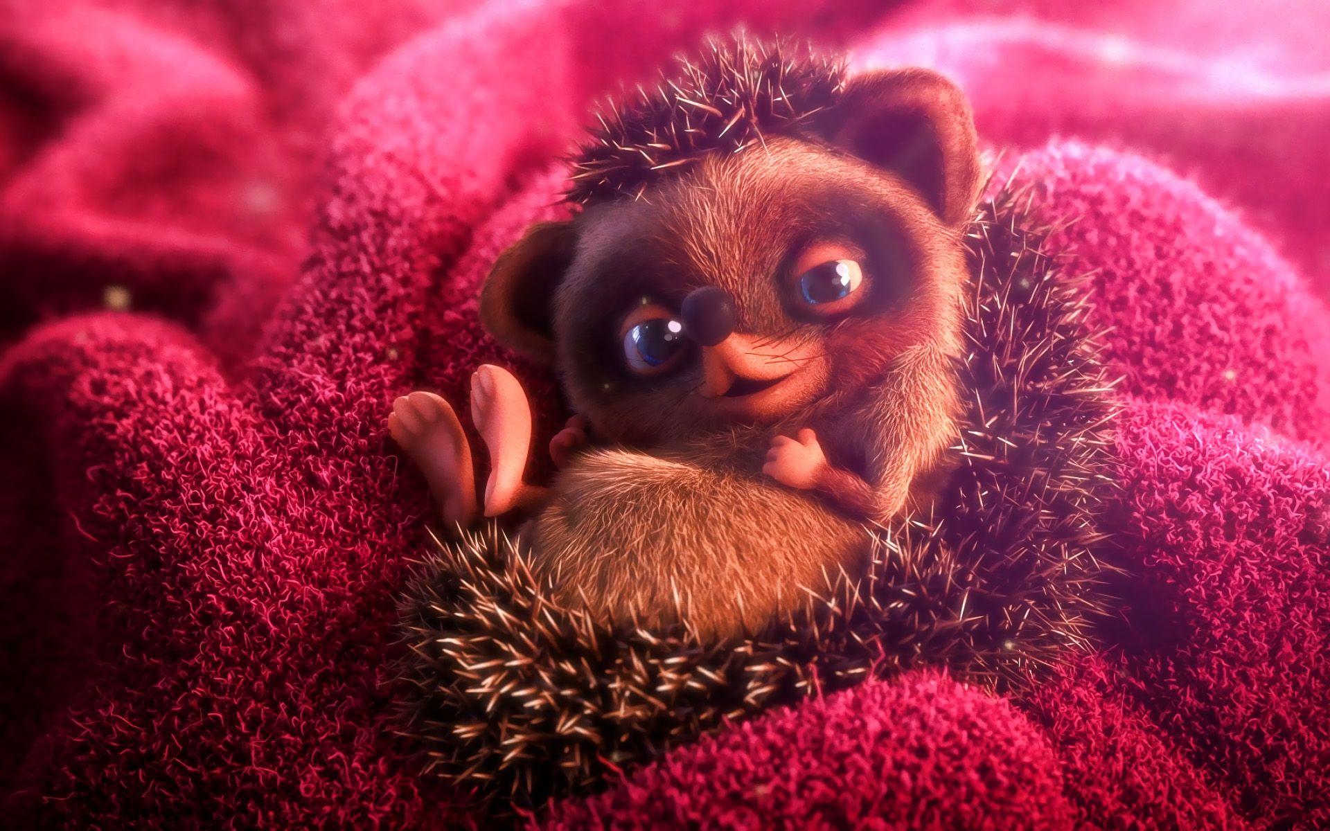 1920x1200 Download wallpaper Cartoon hedgehog, pink towel, 3D art, funny animals, cute animals, hedgehog for desktop with resolution 1920x1200. High Quality HD picture wallpaper