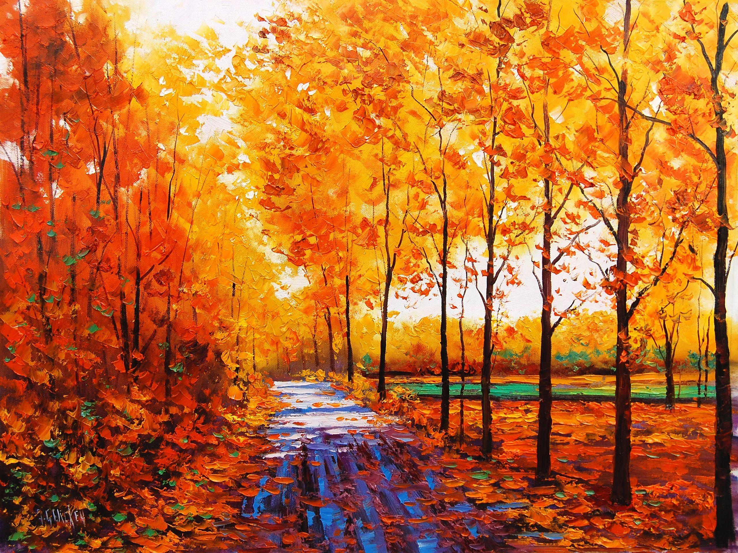 2560x1920 Wallpaper Art watercolor, autumn red maple forest with forest path 2560x1920 HD Picture, Image