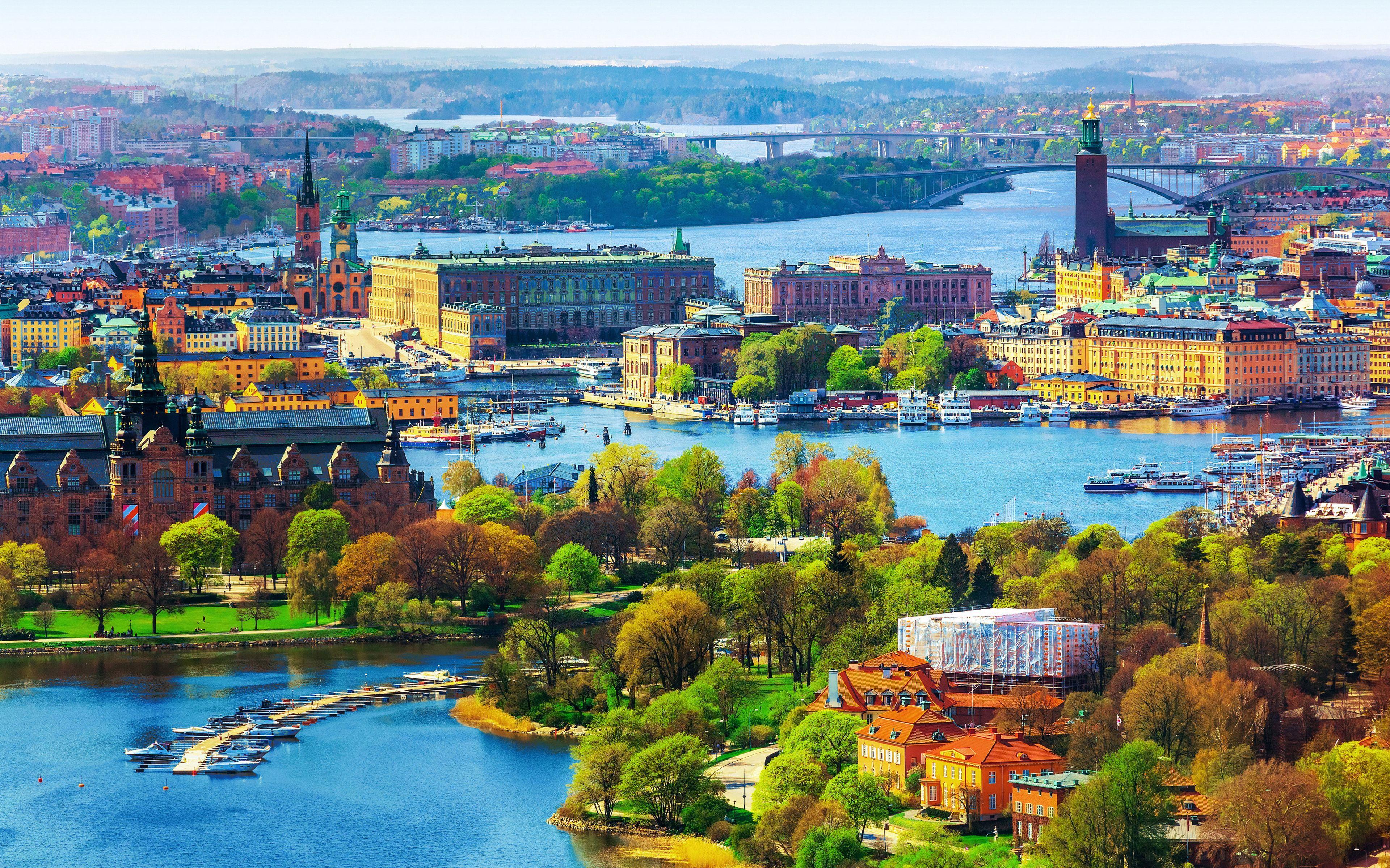 3840x2400 Download wallpaper Stockholm, 4k, spring, panorama, swedish capital, cityscapes, Sweden, Europe for desktop with resolution 3840x2400. High Quality HD picture wallpaper