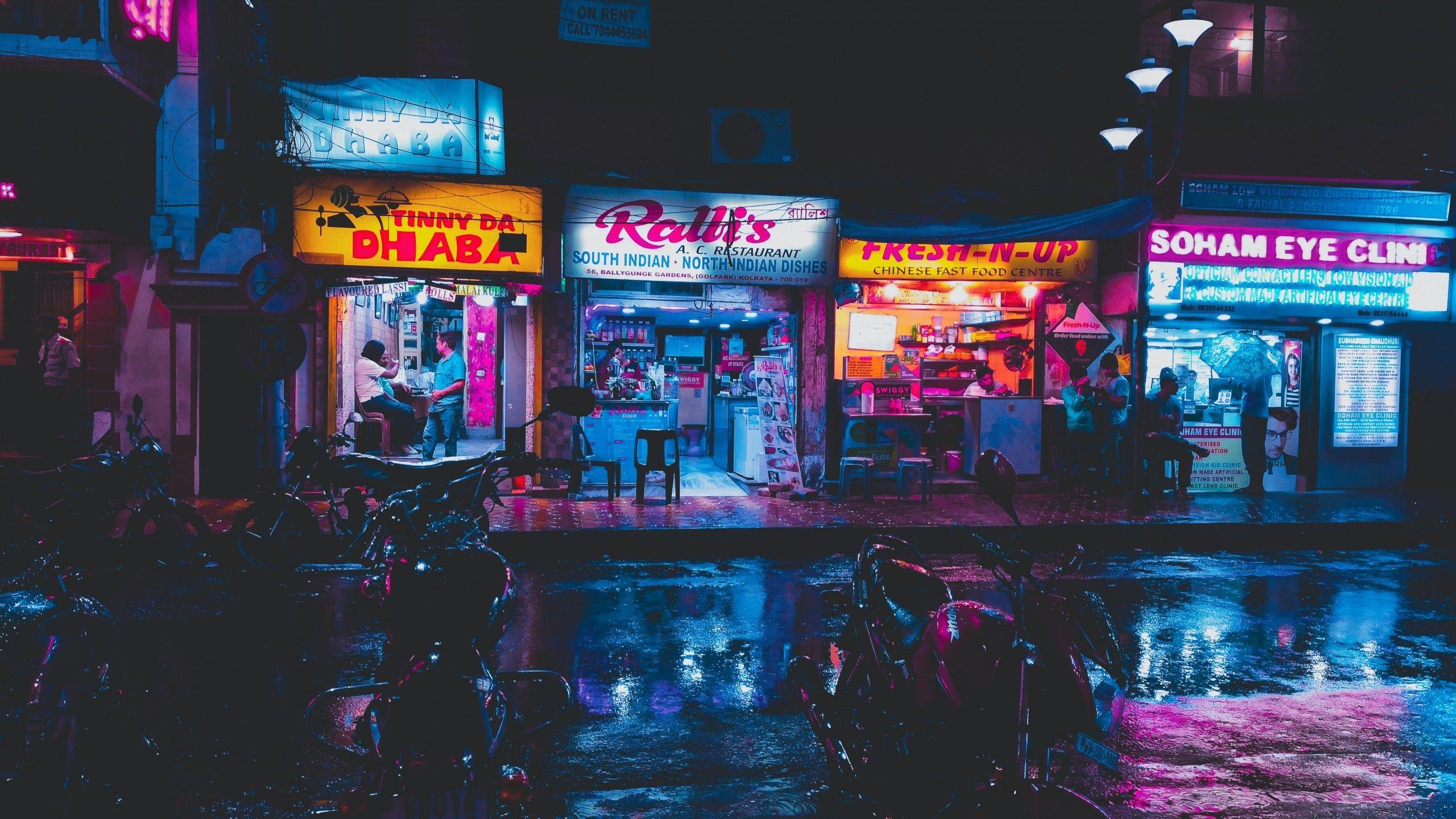 2560x1440 Download 2560x1440 Shops, After The Rain, Scenic, Reflection, Lights, Urban, Roadway Wallpaper for iMac 27 inch