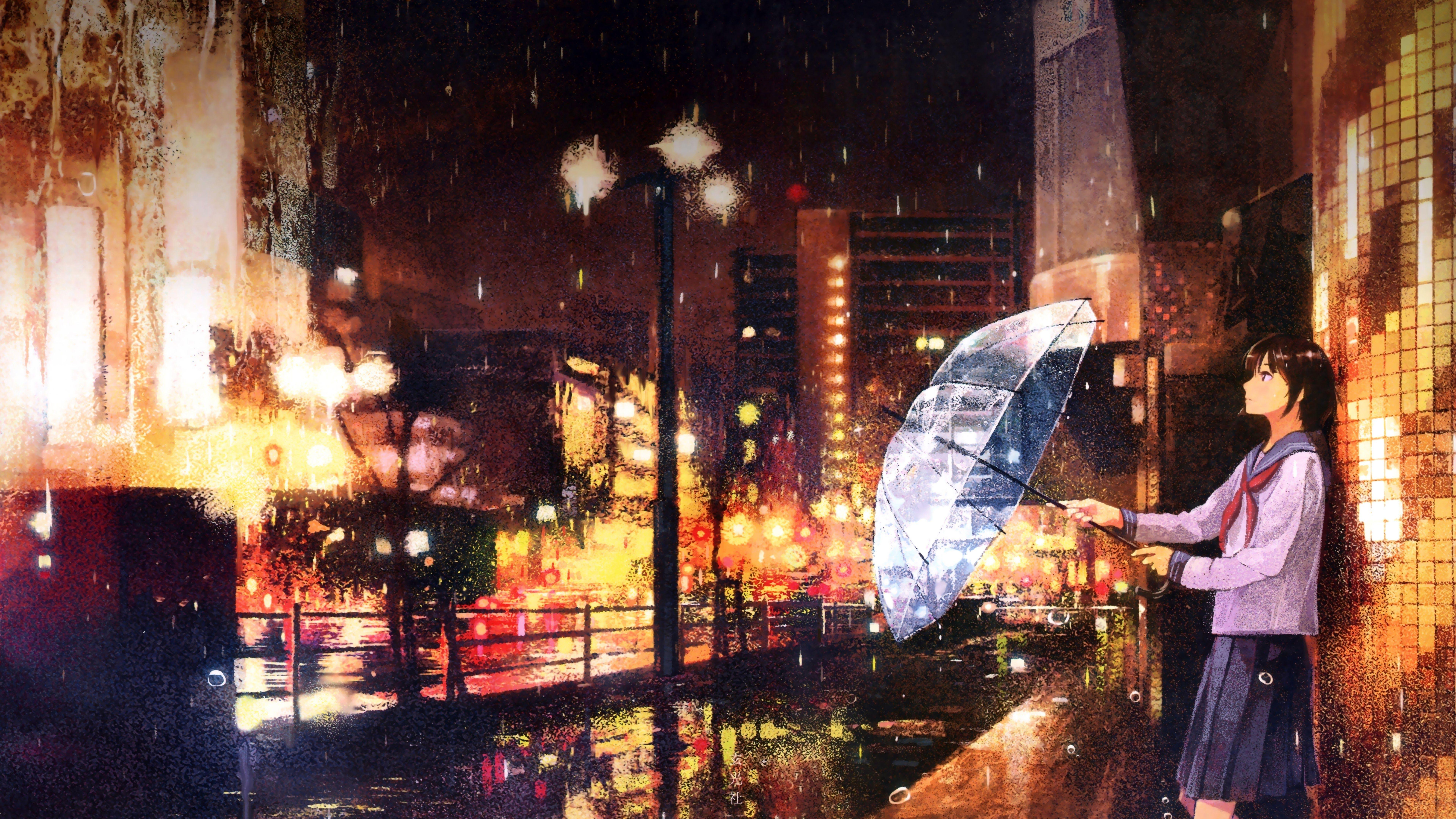 7680x4320 Anime, School Girl, Waiting In The Rain, 8k, HD Wallpaper