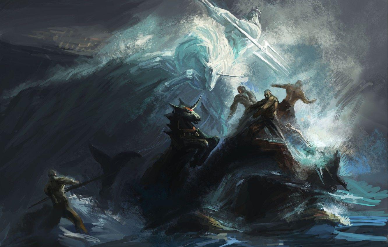 1332x850 Wallpaper sea, wave, storm, people, the ocean, rocks, storm, art, unicorn, Trident, battle, Poseidon, shuyinnosi image for desktop, section фантастика