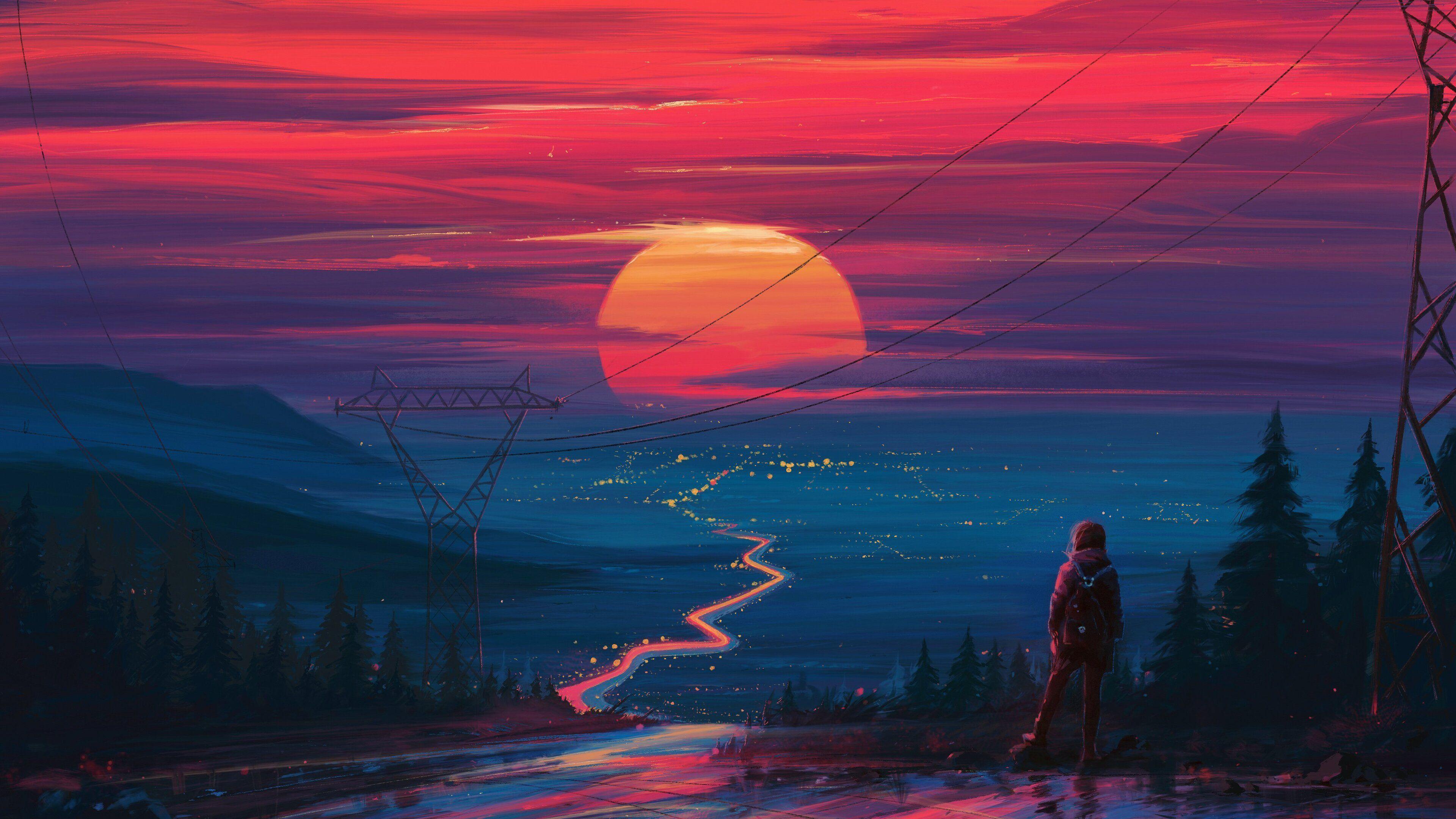 3840x2160 Way To Retro City 4k In 3840x2160 Resolution. Landscape art, Sunset art, Digital painting