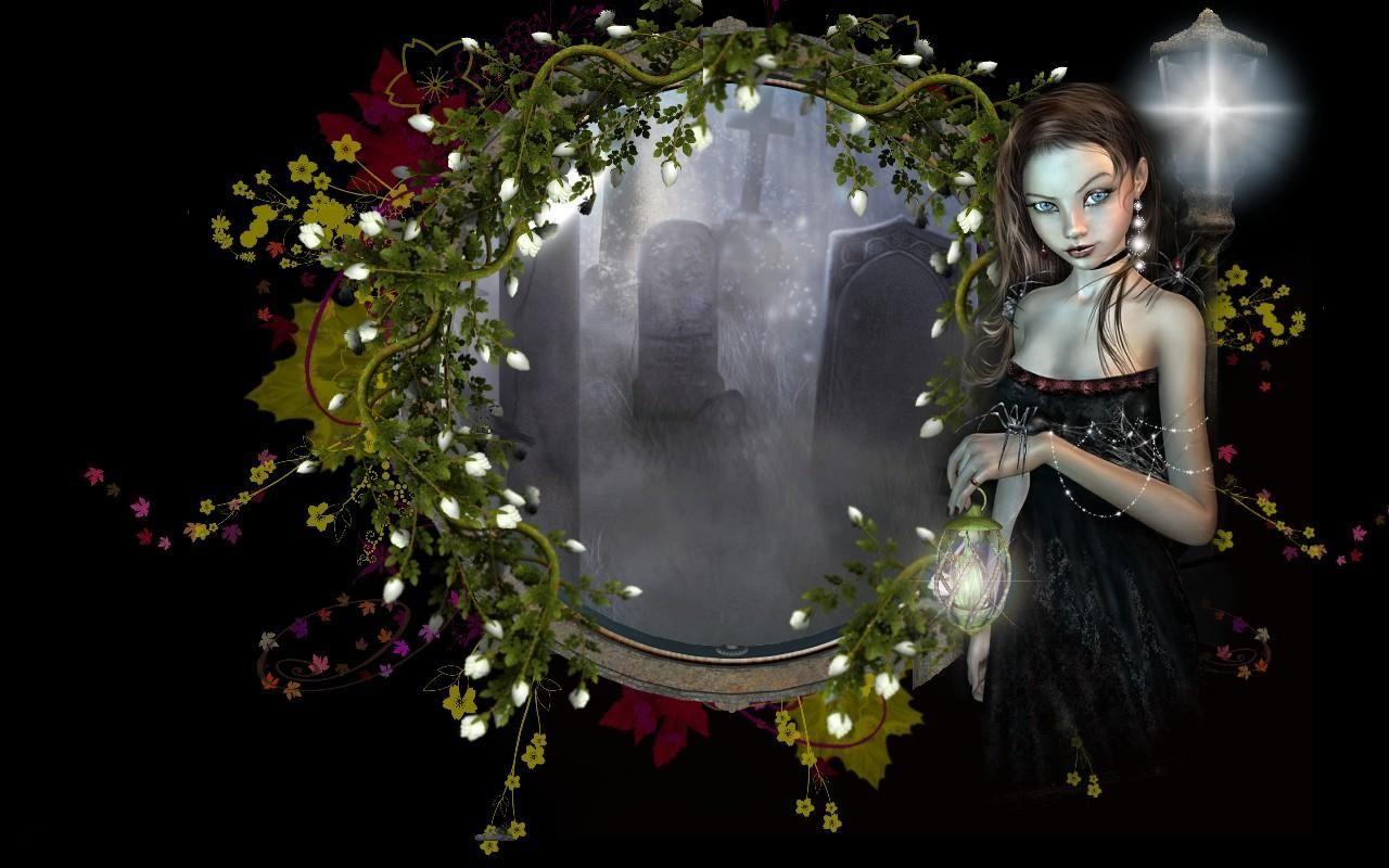 1280x800 Gothic Fairy, Fairy, Flowers, Gothic, Graveyard, Mirror