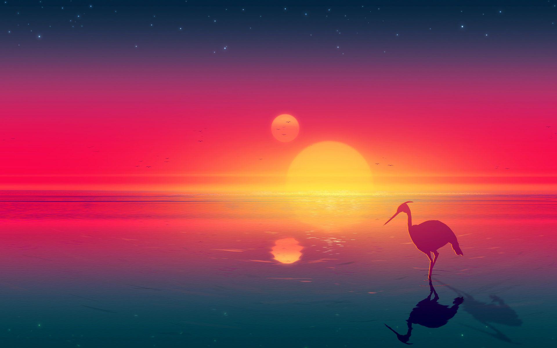 1920x1200 Birds Great Blue Heron Sunset Horizon Digital Art Wallpaper 4k Animals Image & Picture For Desktop :