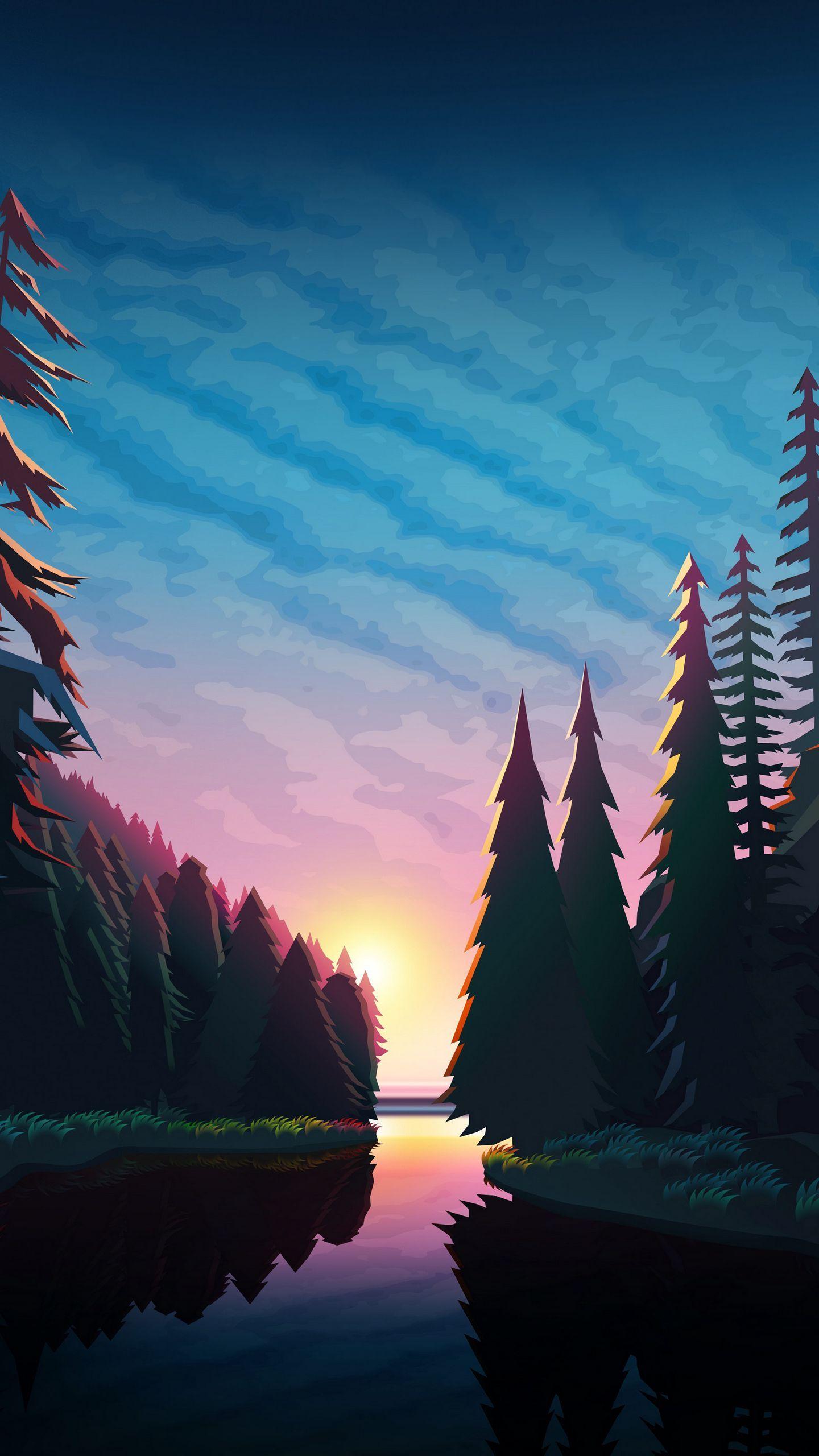 1440x2560 Download wallpaper 1440x2560 river, forest, sunset, landscape, art qhd samsung galaxy s s edge, note, lg g4 HD background